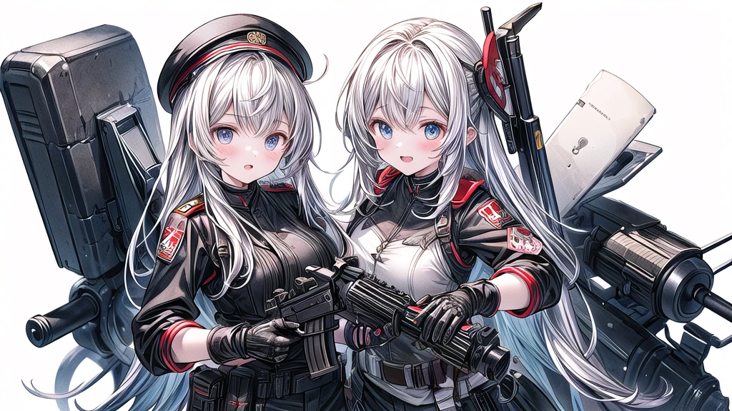 One girl、Dynamic configuration、[17277fbe68],threatened hideo、high quality、Maximum details、(((最high quality、最高masterpiece、Official Art、最高のDynamic configuration)))、(Thin Hair)、(Tabletop, 最high quality), Very detailed, Anime Style, Concept Art、whole body, (masterpiece), 最high quality, Fantasy art,whole body、masterpiece、最high quality、(colorful)、（Beautifully detailed eyes and face）、Cinema Lighting、Extremely detailed CG、Super huge、whole body、wallpaper、Uniforms with weapons in Wonderland, (((Everybody wears black and red ))), Ammunition belt, gun, machine gun, gatling gun, hand gun,weapons,Barren Land、White Background、