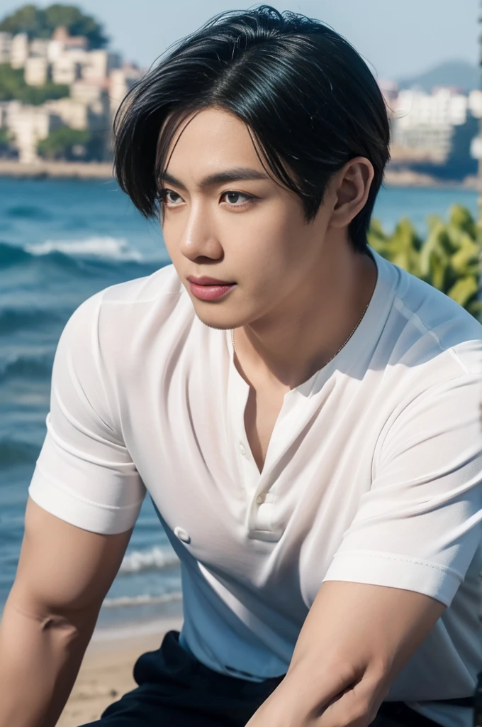 young asian man in a black polo shirt sitting on the grass with a serious expression, looking into the distance Turn your head slightly.，daytime (Create a masterpiece: 1.2),(CGI art:1.3),(realistic:1.5),(After processing:1.3), (Sharp focus:1.3), 1 man, open mouth, smile, (shirt:1.5), Navy cargo pants, Korean guy , korean men, (High gloss details), chest muscles, large arm muscles, blood vessel, Big muscles, Broad shoulders, looking at the audience, Balancing the eyes, seaside beach sunshine looking at the sea