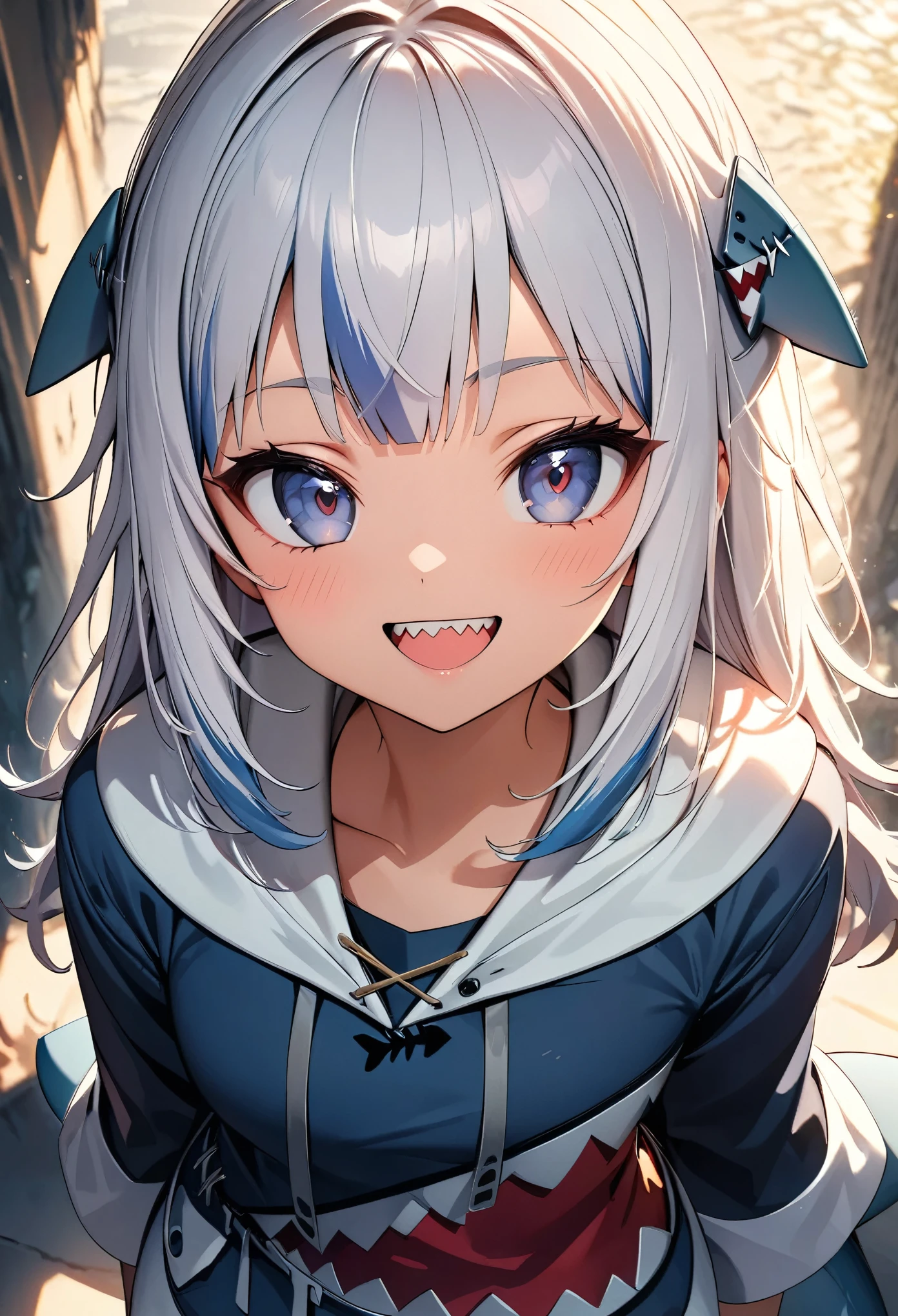 (Highest quality:1.24, Very detailed, Delicate and beautiful CG art, Detailed illustrations, High detail, masterpiece:1.2, Highest quality, Best aesthetics), (Anime Style:1.4), ((One girl, gawrgura)), Virtual YouTuber, HololiveEN, ((Shark headgear, Shark costume:1.4)), Shark Girl, Friendly atmosphere, Shiny Hair, Beautiful Skin, Detailed face and eyes, Glossy Lips, ((Mischievous Smile, Jagged teeth, Open your mouth)), Exquisitely crafted, 8K, Very detailedな, Perfect lighting, Spectacular Background