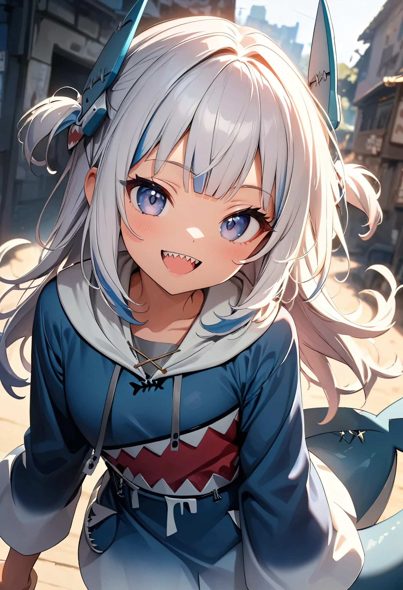 (Highest quality:1.24, Very detailed, Delicate and beautiful CG art, Detailed illustrations, High detail, masterpiece:1.2, Highest quality, Best aesthetics), (Anime Style:1.4), ((One girl, gawrgura)), Virtual YouTuber, HololiveEN, ((Shark headgear, Shark costume:1.4)), Shark Girl, Friendly atmosphere, Shiny Hair, Beautiful Skin, Detailed face and eyes, Glossy Lips, ((Mischievous Smile, Jagged teeth, Open your mouth)), Exquisitely crafted, 8K, Very detailedな, Perfect lighting, Spectacular Background