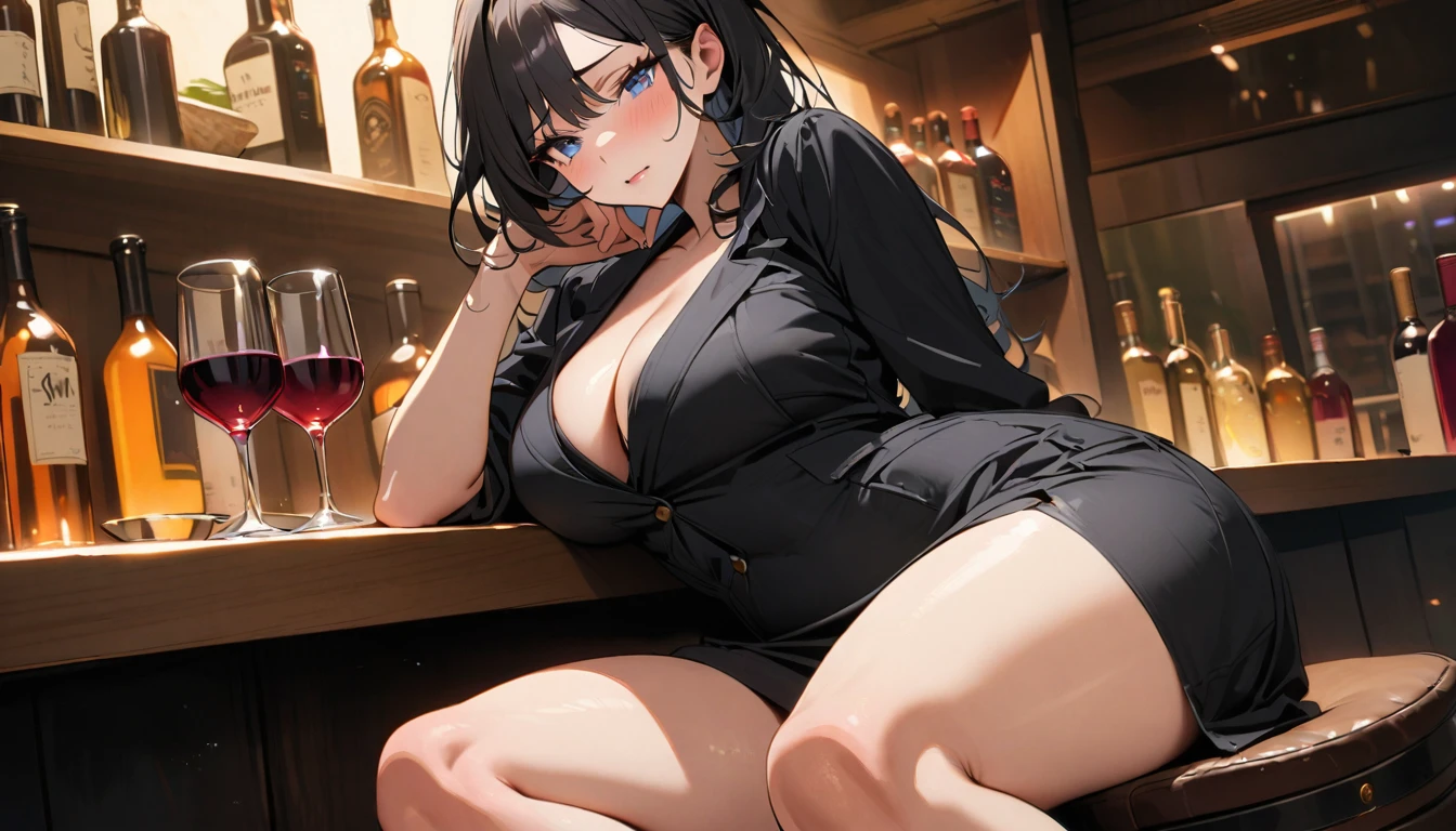 (Sad expression wife),A woman mature and sexy,Delicate face,Sitting at the bar with a glass of wine,A cautious expression,Black skirt, (black hair),(Eyes with large blue irises,,(Large Breasts),Big buttocks,(5 feet tall)), Pop music (masterpiece, best quality:1.1),