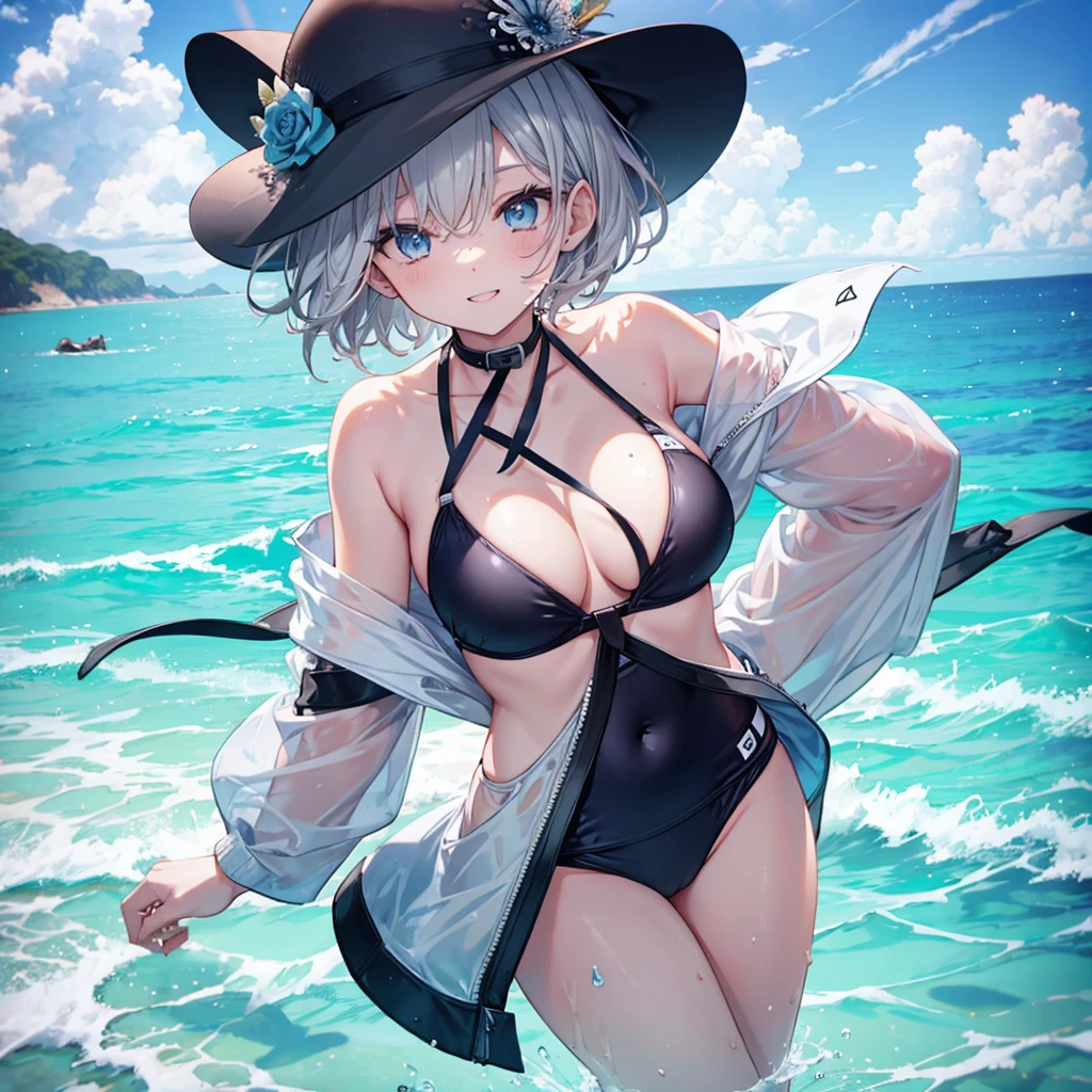 ((((Fluttering swimsuit　Ocean))))　(((Gray Hair　short hair　blue eyes　woman)))，((Splash　sun　cloud))，(Wearing a hat　black　smile)，　Showing teeth　Shining Background　Shining Edges