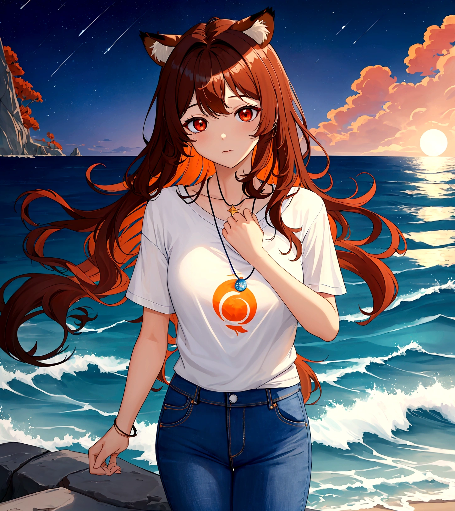 ((최고의 품질)), ((걸작)), (상세한), 여자 1명, Orange brown color hair , black highlights hair , Long and wavy flowing freely hair ,tiger ears on top of the head , red eyes , Calm and gentle eyes , Fair complexion skin ,Simple and clean Casual white T-shirt,Classic fit, slightly worn for a casual look Blue jeans,A simple, elegant necklace with a blue pendant,Dark night by the sea,Starry sky with a visible moon, gentle waves of the ocean,The character is standing by the shore, gazing at the night sky, blending casual attire with the serene and mysterious ambiance of the nighttime sea,