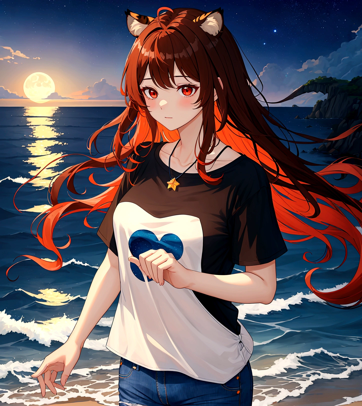((최고의 품질)), ((걸작)), (상세한), 여자 1명, Orange brown color hair , black highlights hair , Long and wavy flowing freely hair ,tiger ears on top of the head , red eyes , Calm and gentle eyes , Fair complexion skin ,Simple and clean Casual white T-shirt,Classic fit, slightly worn for a casual look Blue jeans,A simple, elegant necklace with a blue pendant,Dark night by the sea,Starry sky with a visible moon, gentle waves of the ocean,The character is standing by the shore, gazing at the night sky, blending casual attire with the serene and mysterious ambiance of the nighttime sea,