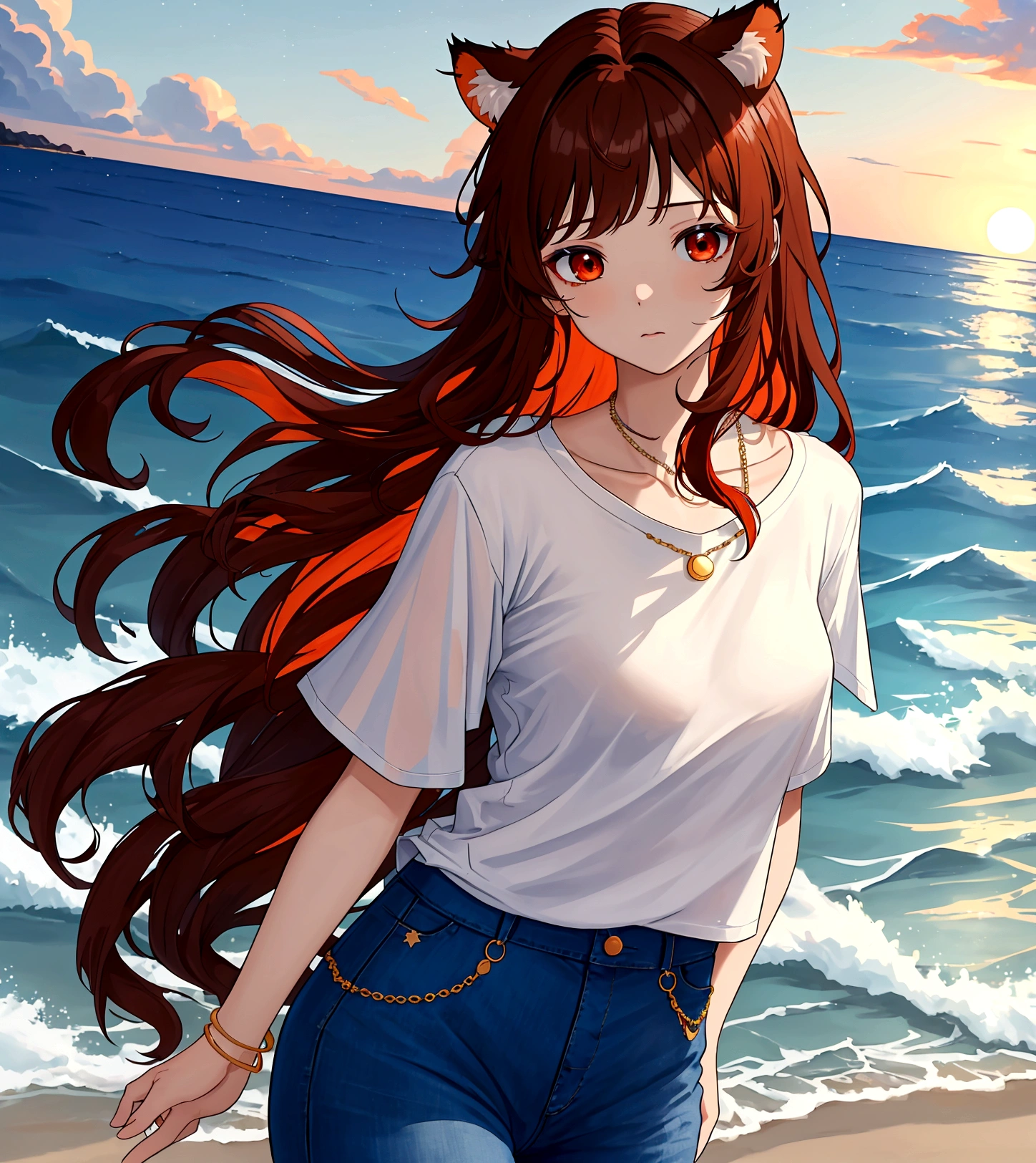 ((최고의 품질)), ((걸작)), (상세한), 여자 1명, Orange brown color hair , black highlights hair , Long and wavy flowing freely hair ,tiger ears on top of the head , red eyes , Calm and gentle eyes , Fair complexion skin ,Simple and clean Casual white T-shirt,Classic fit, slightly worn for a casual look Blue jeans,A simple, elegant necklace with a blue pendant,Dark night by the sea,Starry sky with a visible moon, gentle waves of the ocean,The character is standing by the shore, gazing at the night sky, blending casual attire with the serene and mysterious ambiance of the nighttime sea,