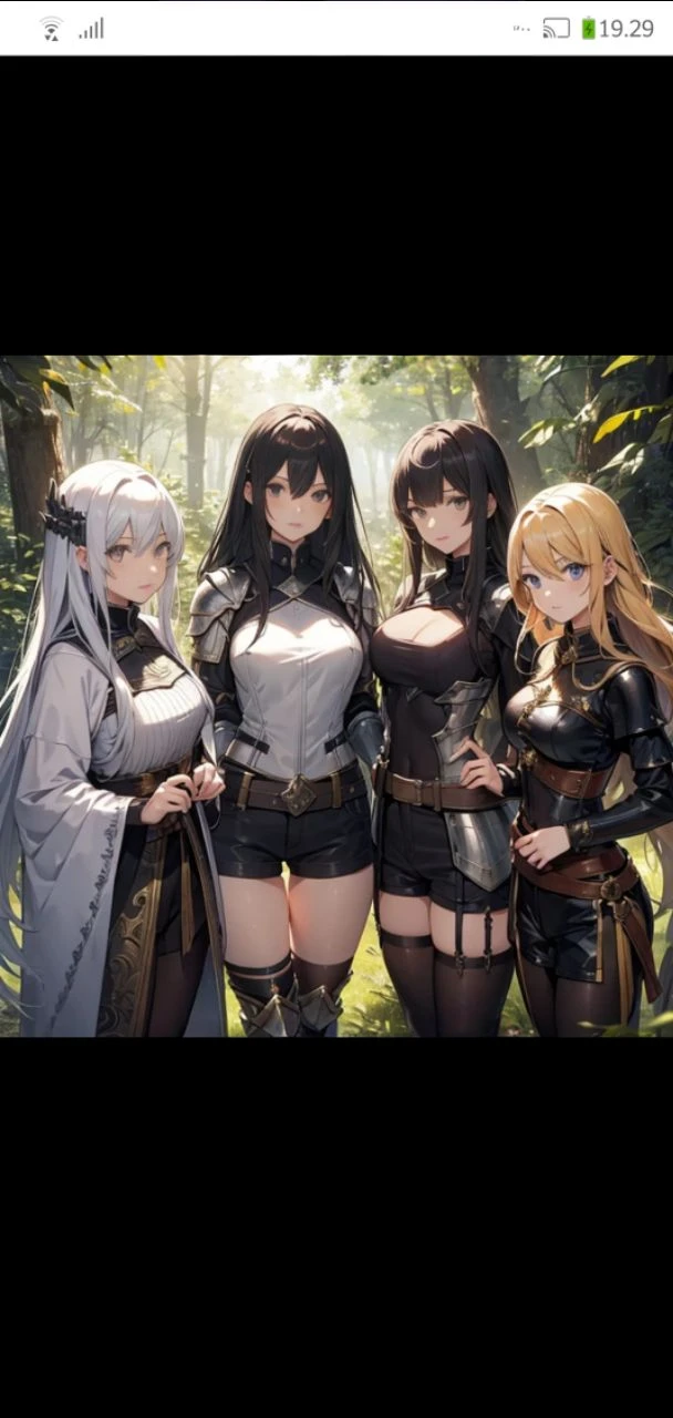 four female knights, (in forest), various hair styles, metal armor, harem, shorts, seducing, beautiful face, detailed face