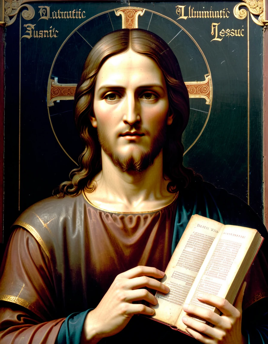 A close up of Jesus holding a book, by Cimabue, inspired by Cimabue, 🎨🖌, orthodox saint, holy iconography, jesus face, by Duccio, JesusChrist, cyberpunk JesusChrist, religious iconography, orthodox icon, byzantine painting, Christian art, inspired by Nicomachus of Thebes, orthodox christianity, (Foto RAW, real, best qualityer, Masterpiece artwork: 1.2), (Hiper realisitic, realisitic: 1.2), high qualiy, (dark ilumination: 1.2), perfect lighting, Lightroom, 35mm films, cinemactic, dimmed colors, dark shot, Muted colours, grainy film, lute, insane details, Intricate details