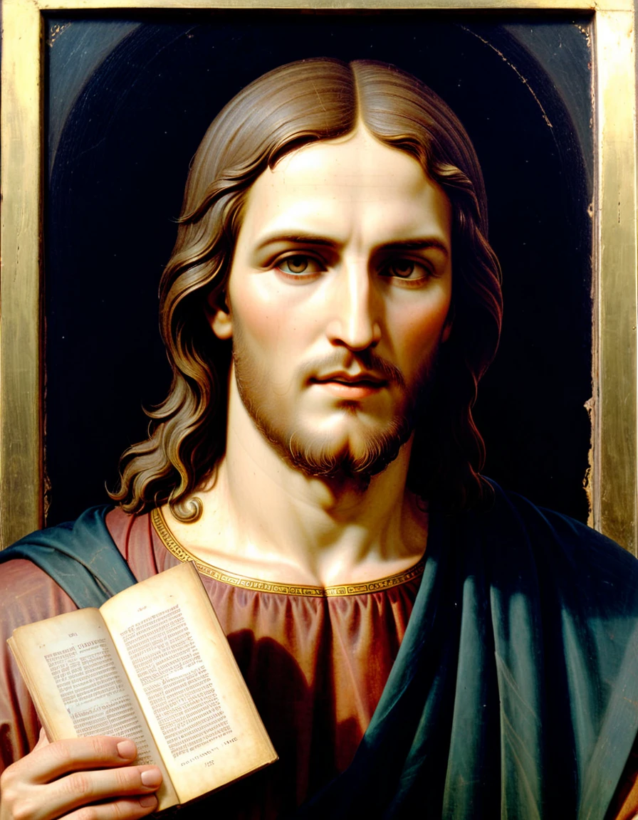 A close up of Jesus holding a book, by Cimabue, inspired by Cimabue, ๐จ๐, orthodox saint, holy iconography, jesus face, by Duccio, JesusChrist, cyberpunk JesusChrist, religious iconography, orthodox icon, byzantine painting, Christian art, inspired by Nicomachus of Thebes, orthodox christianity, (Foto RAW, real, best qualityer, Masterpiece artwork: 1.2), (Hiper realisitic, realisitic: 1.2), high qualiy, (dark ilumination: 1.2), perfect lighting, Lightroom, 35mm films, cinemactic, dimmed colors, dark shot, Muted colours, grainy film, lute, insane details, Intricate details