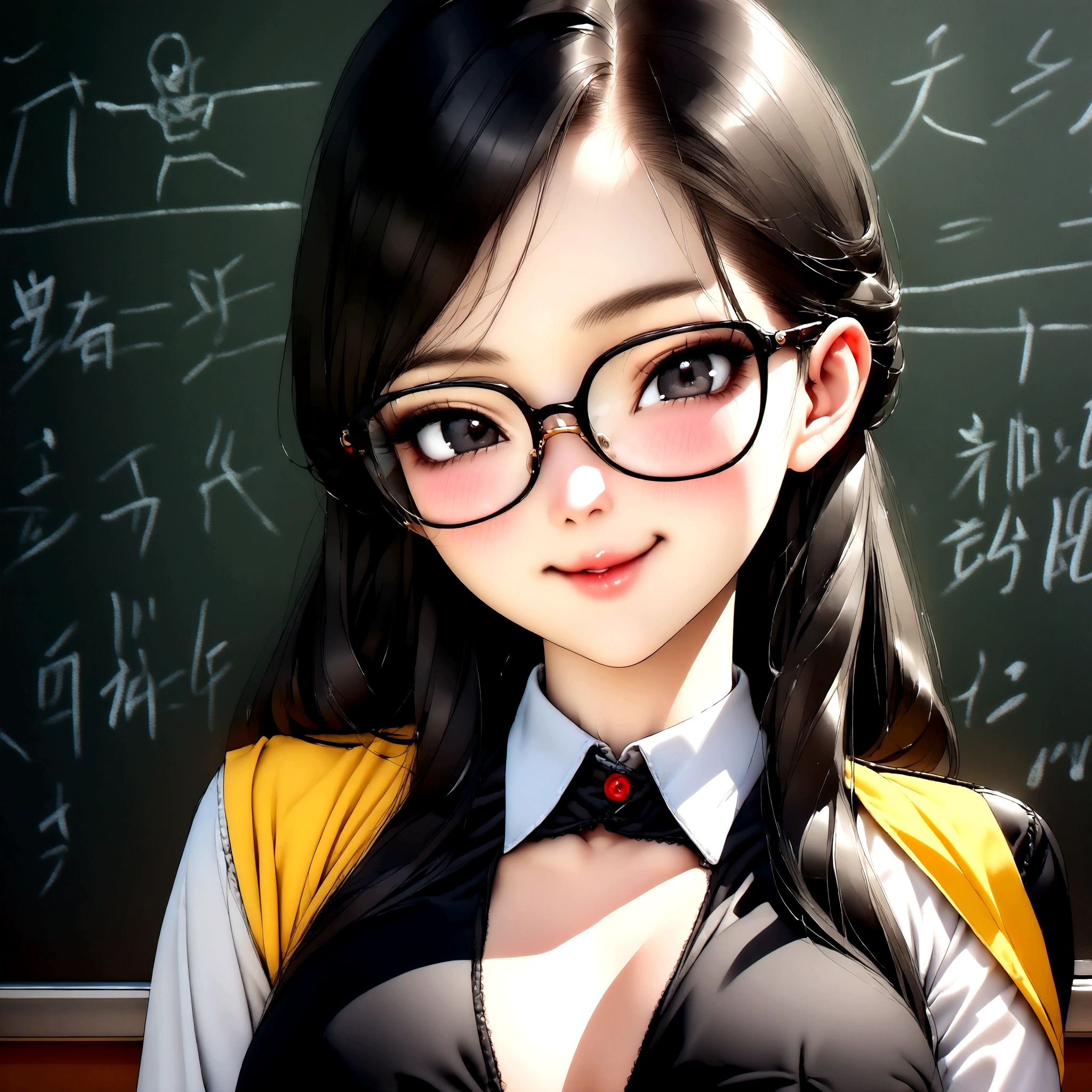 A lovely vietnamese woman (age 25, glasses, cute face, black eyes, black hair shoulder length, slutty teachers outfit no underwear), in front of chalkboard