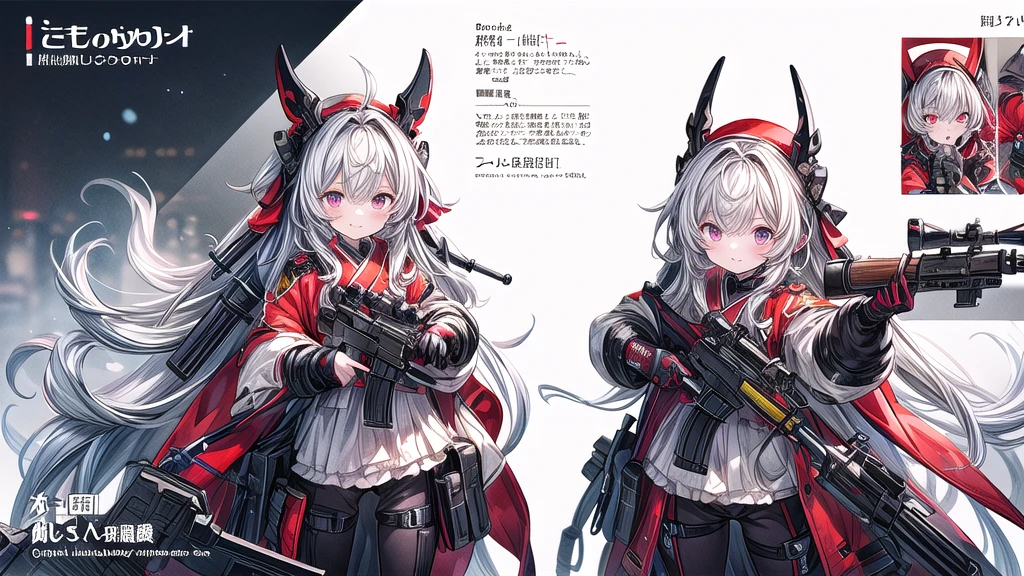 One girl、Dynamic configuration、[17277fbe68],threatened hideo、high quality、Maximum details、(((最high quality、最高masterpiece、Official Art、最高のDynamic configuration)))、(Thin Hair)、(Tabletop, 最high quality), Very detailed, Anime Style, Concept Art、whole body, (masterpiece), 最high quality, Fantasy art,whole body、masterpiece、最high quality、(colorful)、（Beautifully detailed eyes and face）、Cinema Lighting、Extremely detailed CG、Super huge、whole body、wallpaper、Uniforms with weapons in Wonderland, (((Everybody wears black and red ))), Ammunition belt, gun, machine gun, gatling gun, hand gun,weapons,Barren Land、White Background、