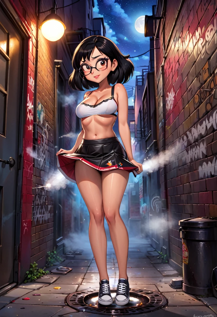 Masterpiece, best quality, ultra detailed:2, Linda Belcher from Bob's Burgers, red and black accent brassiere, lifted leather micro skirt, urban alley, steam coming from manhole covers, graffiti covered walls, absurd detail:2, moonlit lighting, shooting stars in sky,, nsfw