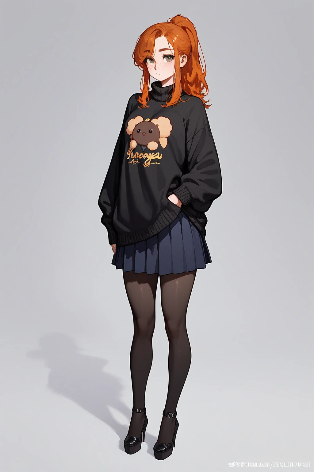photo of a ginger girl, freckled face, face freckles, rosy, contemptuous look, 1 girl, solo, full body view, ponytail haircut,pale skin, big round , stand sexy pose, beautiful, ((pleated skirt with black tights under skirt)), ((oversized black sweater)), black high heel shoes