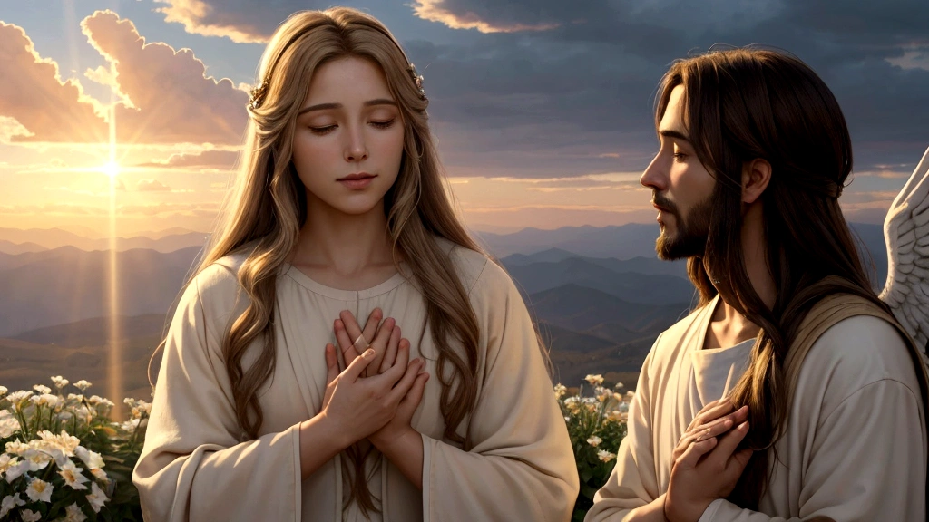 "Description: Create a profound scene depicting Mary Neal's encounter with Jesus in Heaven. Show Jesus as a compassionate figure surrounded by radiant light, conveying a sense of divine love and acceptance.
Details: Use soft, warm colors to illustrate the spiritual warmth and love emanating from Jesus. Include elements like a serene sky, gentle clouds, and a peaceful landscape to enhance the sense of tranquility and spiritual connection. This visual should evoke the profound encounter Neal described with Jesus in Heaven."