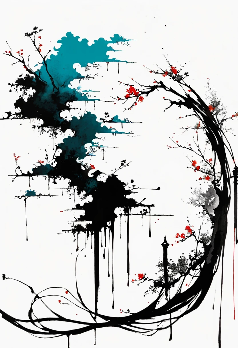 中国Ink Painting, Cyan and White, Minimum, Wire, White background,Great Wall, Minimalism, Wire性风格, Huge negative space, Ink Painting, Abstract,Bloodstained Remnants