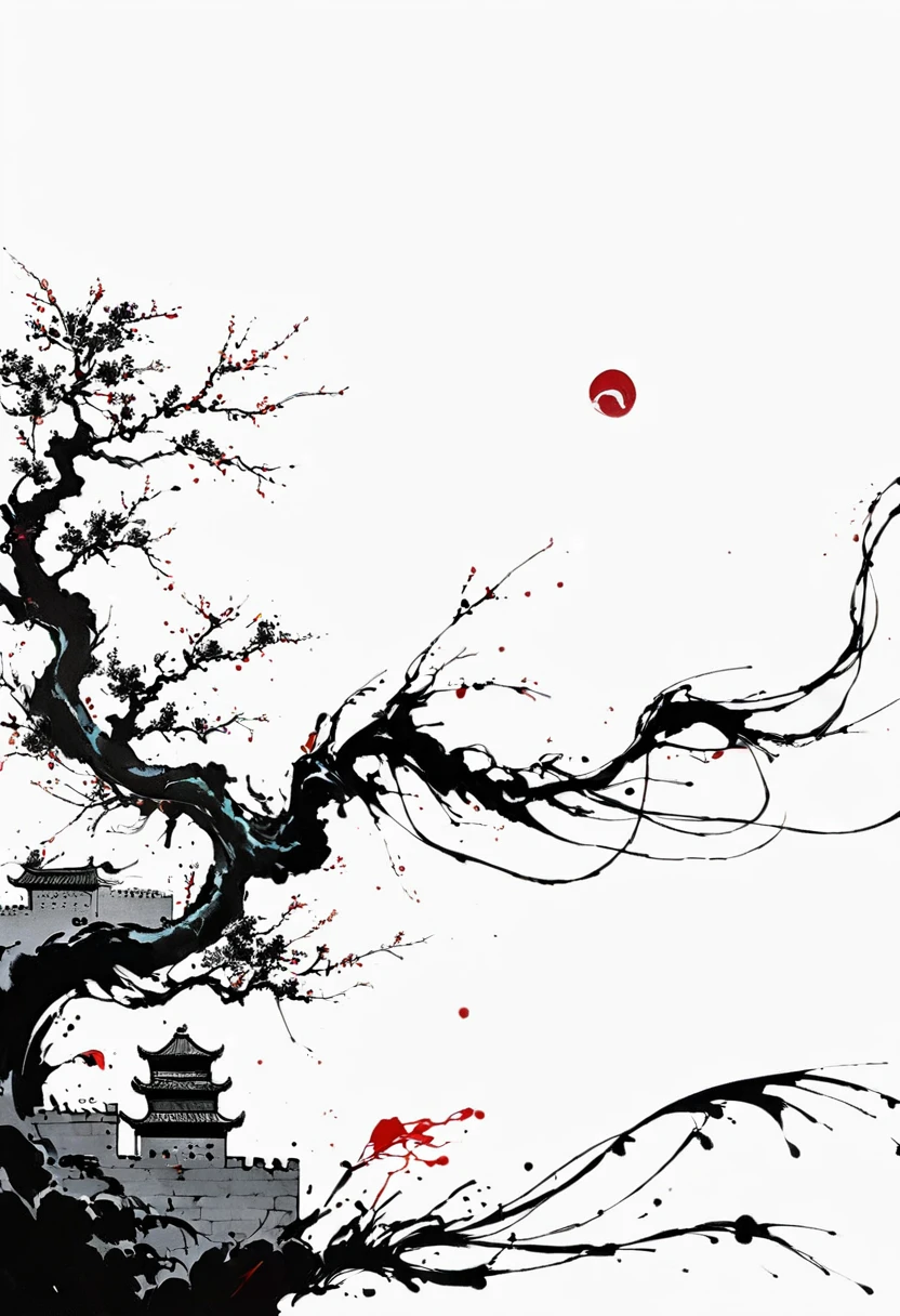 中国Ink Painting, Cyan and White, Minimum, Wire, White background,Great Wall, Minimalism, Wire性风格, Huge negative space, Ink Painting, Abstract,Bloodstained Remnants