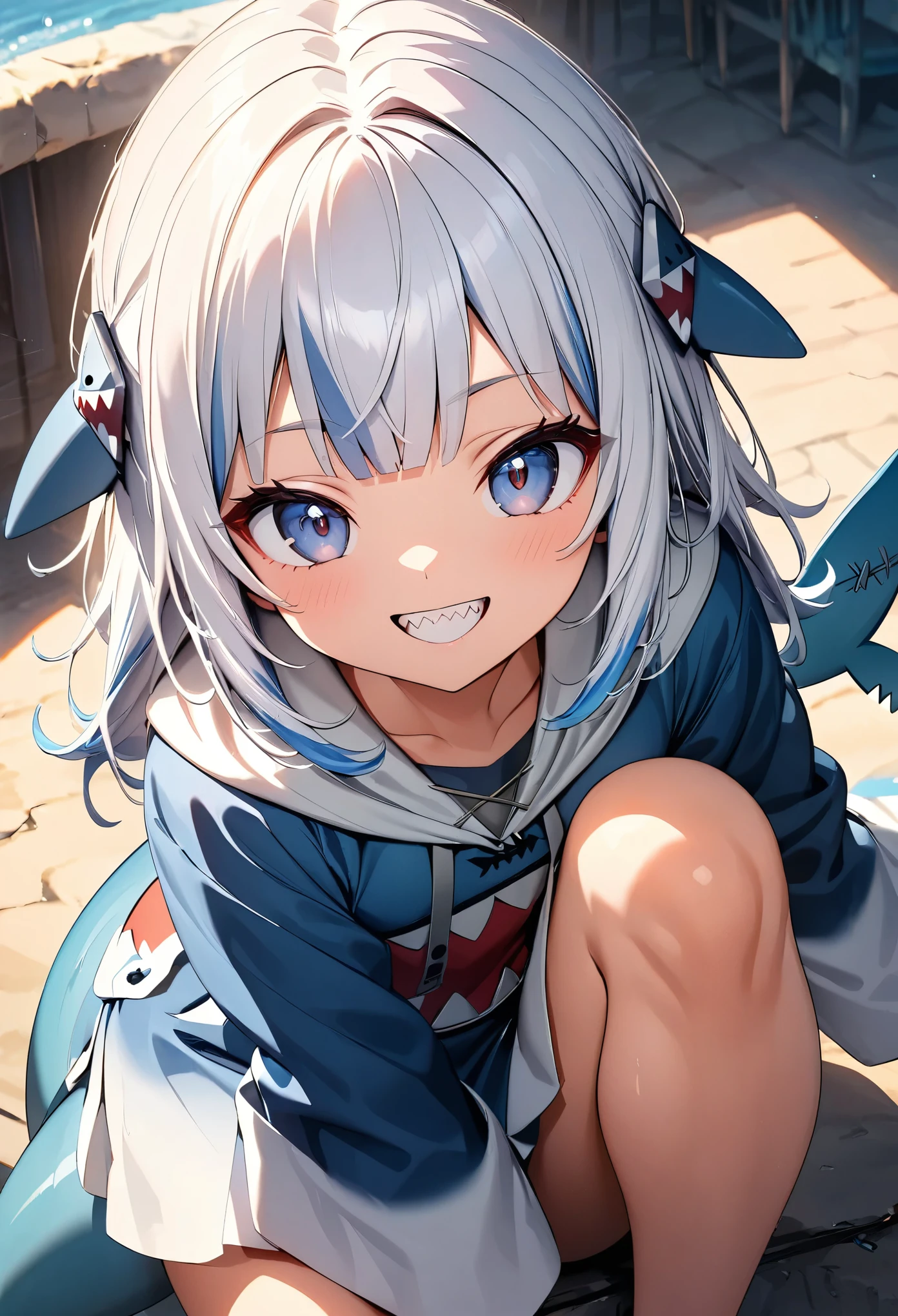 (Highest quality:1.24, Very detailed, Delicate and beautiful CG art, Detailed illustrations, High detail, masterpiece:1.2, Highest quality, Best aesthetics), (Anime Style:1.4), ((One girl, gawrgura)), Virtual YouTuber, HololiveEN, ((Shark headgear, Shark costume:1.4)), Shark Girl, Friendly atmosphere, Shiny Hair, Beautiful Skin, Detailed face and eyes, Glossy Lips, ((Mischievous Smile, Jagged teeth, Open your mouth)), Exquisitely crafted, 8K, Very detailedな, Perfect lighting, Spectacular Background