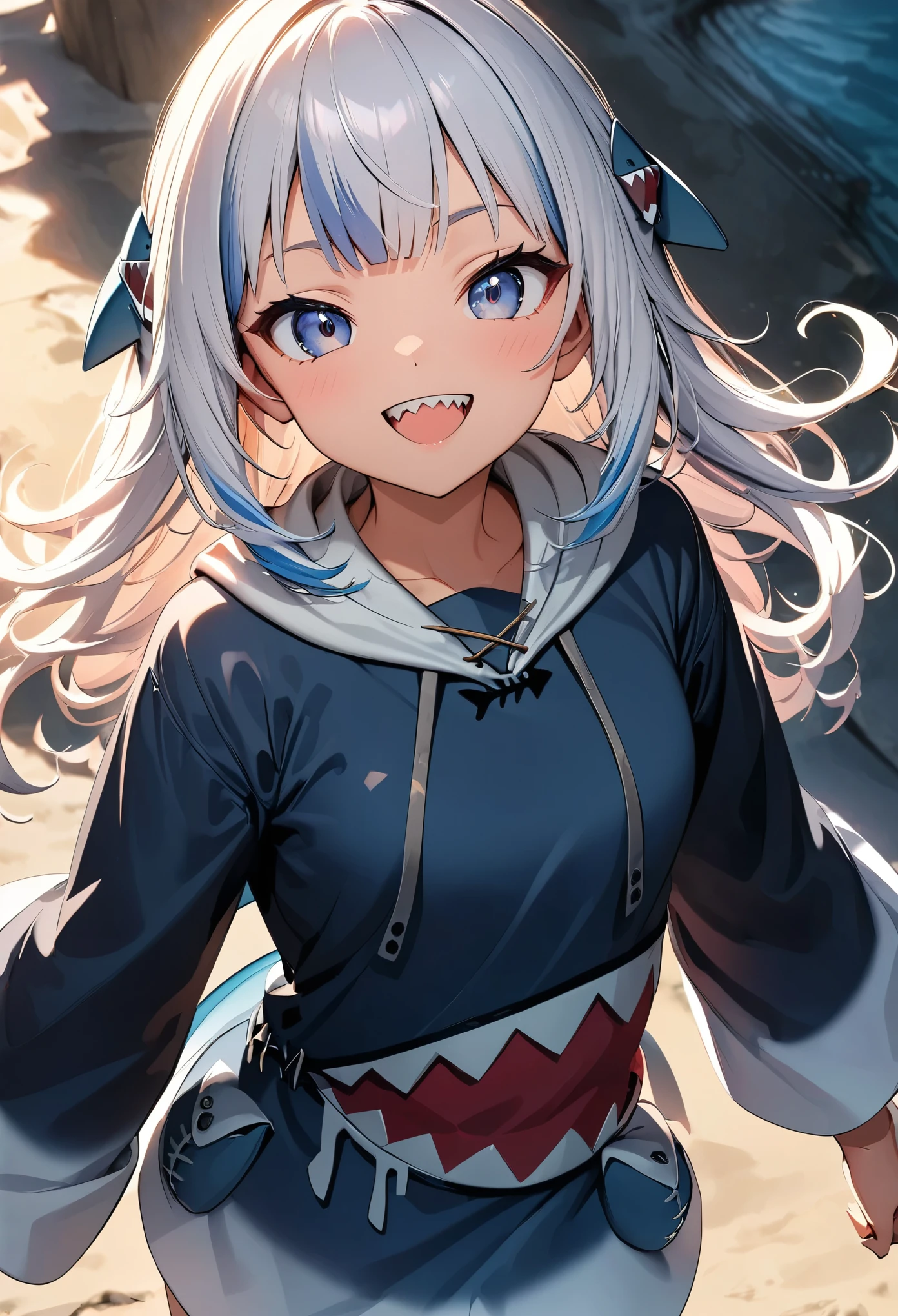 (Highest quality:1.24, Very detailed, Delicate and beautiful CG art, Detailed illustrations, High detail, masterpiece:1.2, Highest quality, Best aesthetics), (Anime Style:1.4), ((One girl, gawrgura)), Virtual YouTuber, HololiveEN, ((Shark headgear, Shark costume:1.4)), Shark Girl, Friendly atmosphere, Shiny Hair, Beautiful Skin, Detailed face and eyes, Glossy Lips, ((Mischievous Smile, Jagged teeth, Open your mouth)), Exquisitely crafted, 8K, Very detailedな, Perfect lighting, Spectacular Background