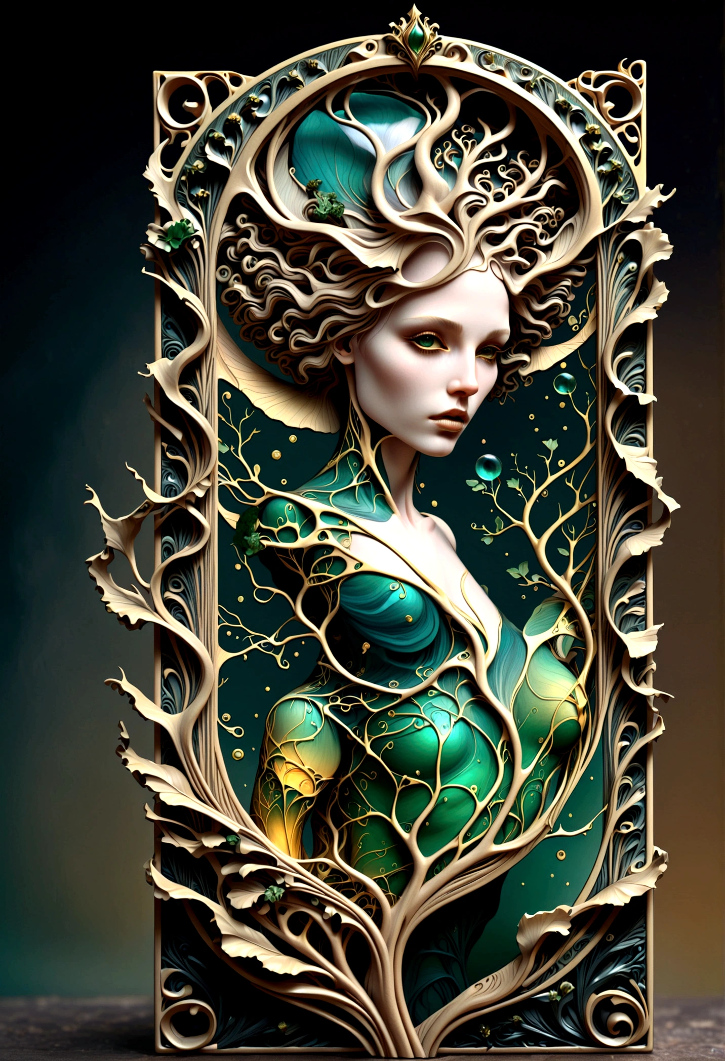 a beautiful portrait of a woman with the tree of life flowing from her head in an abstract marble texture in a tarot style frame, with colors of obsidian black, shiny gold, and emerald green, highly detailed, intricate design, BY Anne Bachelier,