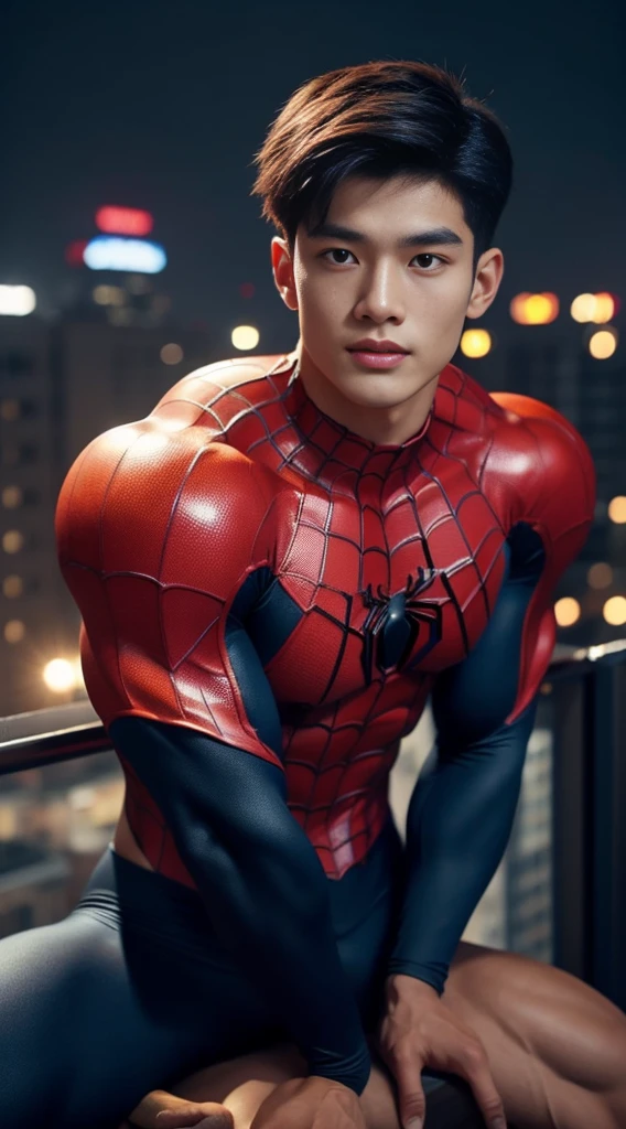 A young Korean boy in a torn Spider-Man costume. with details, Red and black color scheme :: Highly detailed, แมงมุมที่มีHighly detailed, ดวงตาที่มีHighly detailed, นิ้วที่มีHighly detailed, Take the whole body, Quiv haircut, dynamic poses, Look at the camera, Detailed parts of the face, Manly, nighttime, city scenery, city lights, Detailed city roof background, Monk sex, perfect anatomy, Symmetrical body, Asia, 19 years old, realistic, human skin, short hairstyle, handsome chad chin, handsome, sit, open legs, charming, Be a man, sexually, close your eyes, open your mouth, human skin, (Make eye contact), charming, Big hip pants, very good, depth of field, perfect composition, in the middle