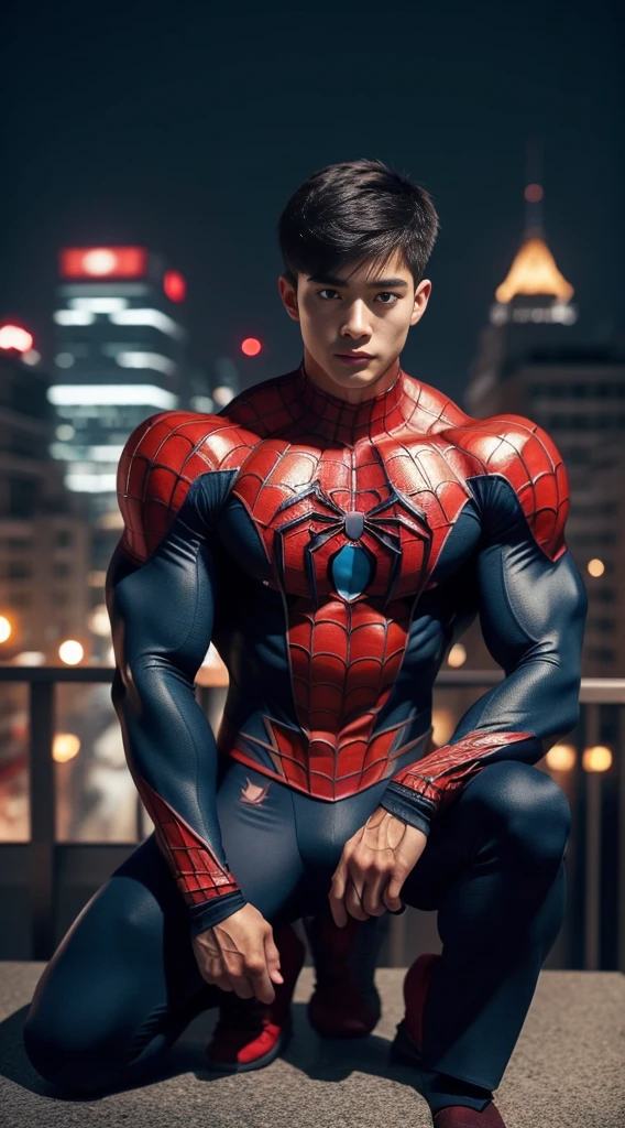 A young Korean boy in a torn Spider-Man costume. with details, Red and black color scheme :: Highly detailed, แมงมุมที่มีHighly detailed, ดวงตาที่มีHighly detailed, นิ้วที่มีHighly detailed, Take the whole body, Quiv haircut, dynamic poses, Look at the camera, Detailed parts of the face, Manly, nighttime, city scenery, city lights, Detailed city roof background, Monk sex, perfect anatomy, Symmetrical body, Asia, 19 years old, realistic, human skin, short hairstyle, handsome chad chin, handsome, sit, open legs, charming, Be a man, sexually, close your eyes, open your mouth, human skin, (Make eye contact), charming, Big hip pants, very good, depth of field, perfect composition, in the middle