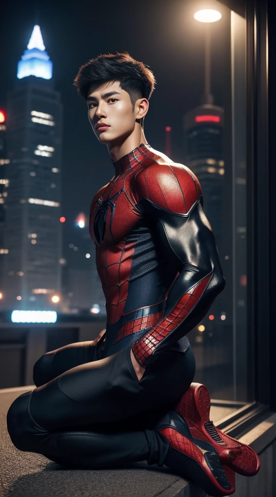 A young Korean boy in a torn Spider-Man costume. with details, Red and black color scheme :: Highly detailed, แมงมุมที่มีHighly detailed, ดวงตาที่มีHighly detailed, นิ้วที่มีHighly detailed, Take the whole body, Quiv haircut, dynamic poses, Look at the camera, Detailed parts of the face, Manly, nighttime, city scenery, city lights, Detailed city roof background, Monk sex, perfect anatomy, Symmetrical body, Asia, 19 years old, realistic, human skin, short hairstyle, handsome chad chin, handsome, sit, open legs, charming, Be a man, sexually, close your eyes, open your mouth, human skin, (Make eye contact), charming, Big hip pants, very good, depth of field, perfect composition, in the middle