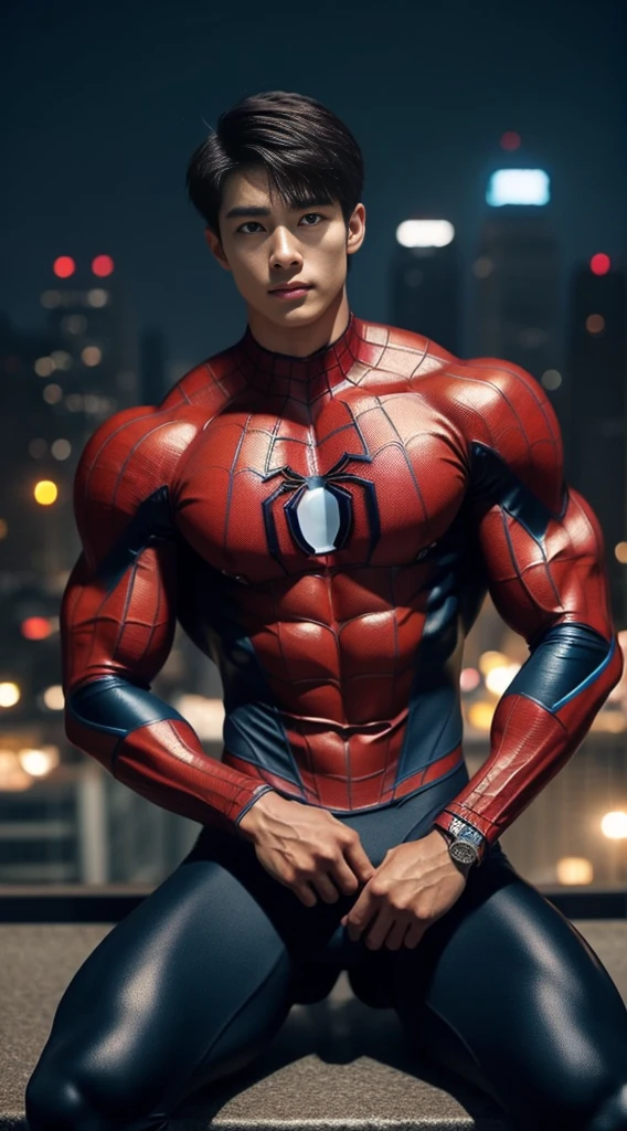 A young Korean boy in a torn Spider-Man costume. with details, Red and black color scheme :: Highly detailed, แมงมุมที่มีHighly detailed, ดวงตาที่มีHighly detailed, นิ้วที่มีHighly detailed, Take the whole body, Quiv haircut, dynamic poses, Look at the camera, Detailed parts of the face, Manly, nighttime, city scenery, city lights, Detailed city roof background, Monk sex, perfect anatomy, Symmetrical body, Asia, 19 years old, realistic, human skin, short hairstyle, handsome chad chin, handsome, sit, open legs, charming, Be a man, sexually, close your eyes, open your mouth, human skin, (Make eye contact), charming, Big hip pants, very good, depth of field, perfect composition, in the middle