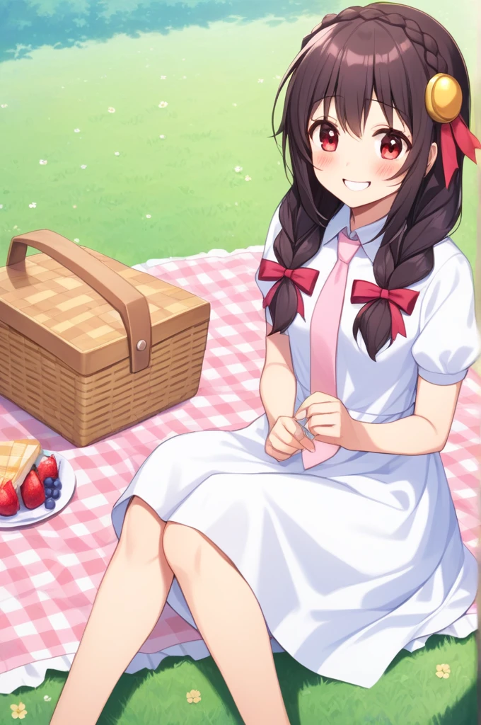 alone, One girl、Crown braids in the same color as your hair, hair ornaments, Hair Ribbon, Pink tie, (White dress), picnic、Black Hair、(Happy Face:1.5)、(blush:1.2)、Sitting
