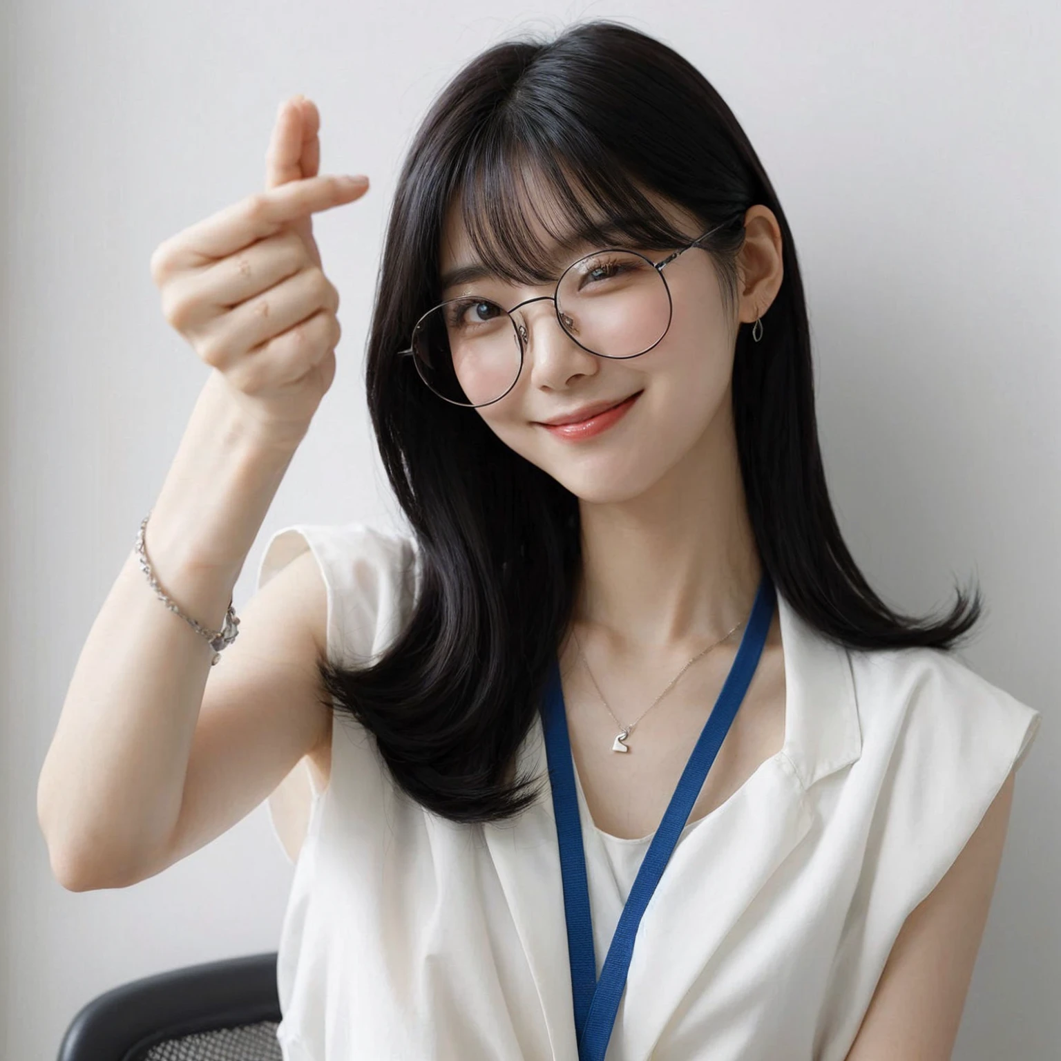 A korean female with medium black hair wearing large glasses is forming a heart shape with their hands. They are dressed in a sleeveless white blouse and have a blue lanyard around their neck. The expression is cheerful, with a smile and a wink. The background is clean and minimalistic with a white wall.