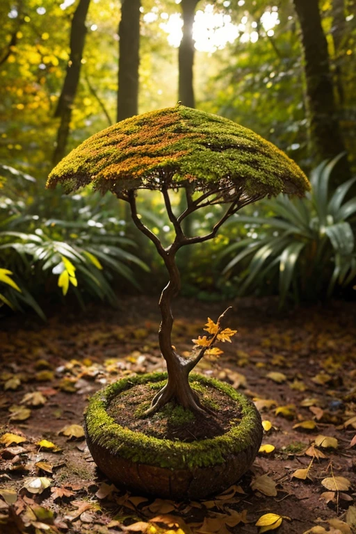 A whimsical miniature figure composed of delicately arranged autumn leaves, poised in a carefree dance on the rim of a weathered, moss-covered terracotta pot, set against a lush, vibrant forest backdrop, where dappled sunlight filters through the canopy above, casting intricate shadows. The overall aesthetic is ethereal, with warm, earthy tones of sienna, umber, and olive green, infused with hints of emerald and golden light, evoking a sense of wonder and enchantment, as if plucked from a fantastical realm.