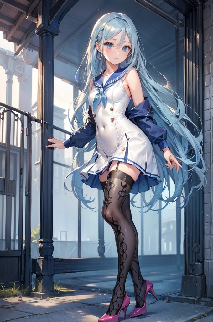 ((Biologically correct limb count)),(( From head to toe,Full-body photo including face)),4K,((Standing position)),masterpiece,((Focus on the face)),((Symmetrical facial features)),Eyes with detailed description,Beautiful woman,Great style,Beautiful arms,Beautiful legs,Beautiful Hands,(Small ,Thin thighs),Facial detailing,Small earrings,necklace,(Sailor suit,mini skirt((High heels,Patterned stockings))),((Meeting at the school gate)),Silk gloves,(((blue blonde))),Realistic photo