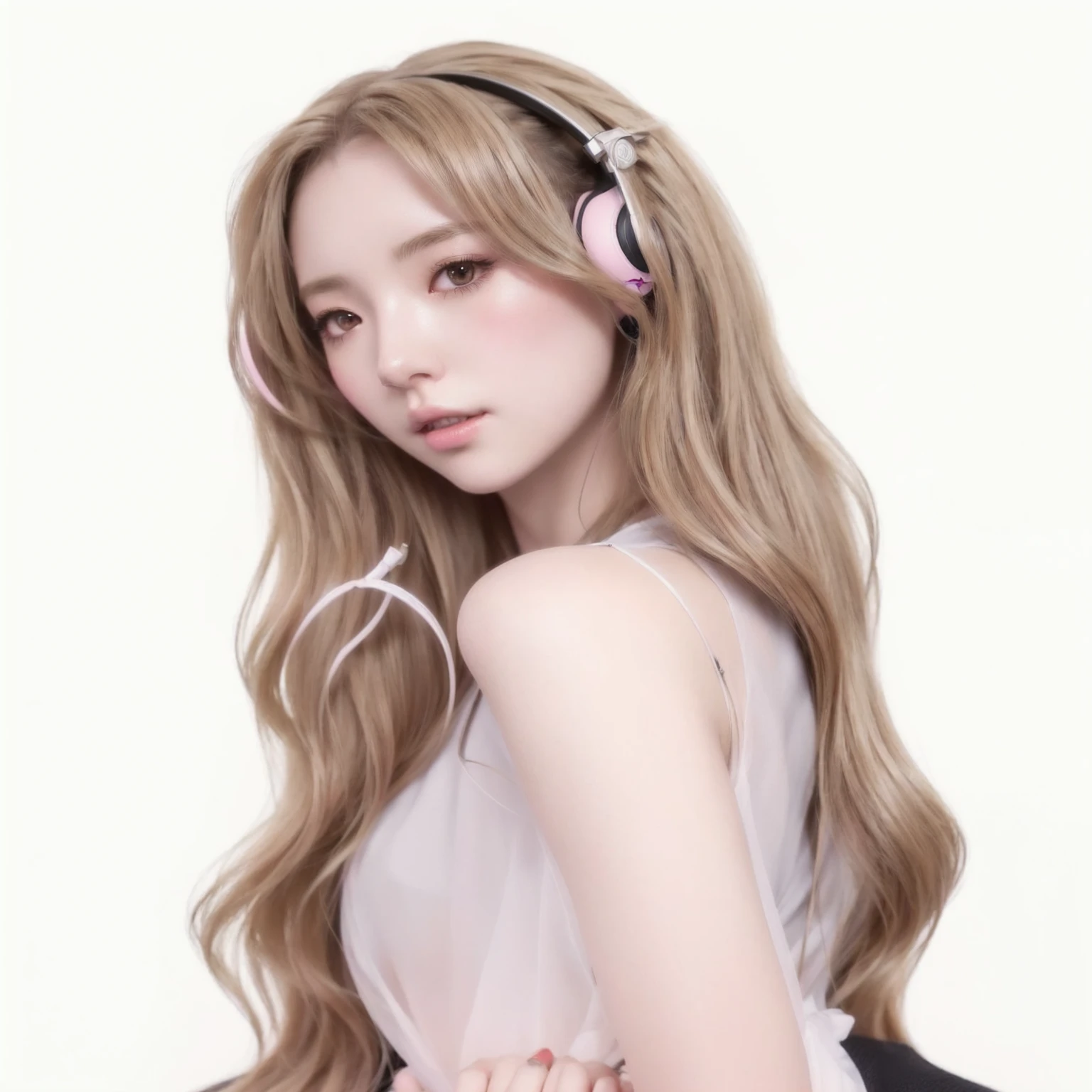 a close-up of a woman with long hair wearing headphones, Guweiz, artwork in the style of guweiz, kawaii realistic portrait, trends on cgstation, realistic 3d anime style, April rendering, model iG | artegerm, anime girl with long hair, young realistic anime, high-quality portrait, soft anime cg art, Ive Wonyoung