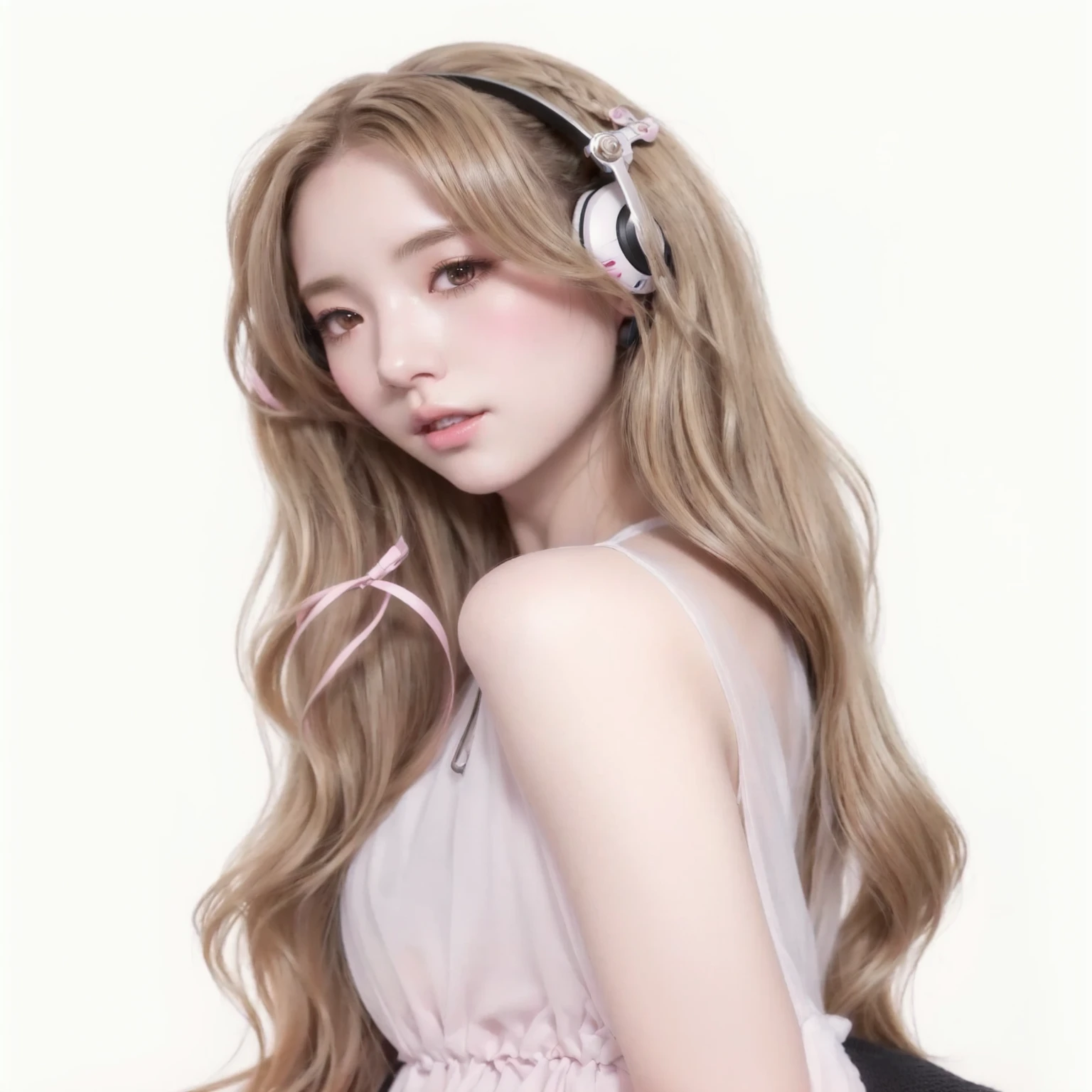 a close-up of a woman with long hair wearing headphones, Guweiz, artwork in the style of guweiz, kawaii realistic portrait, trends on cgstation, realistic 3d anime style, April rendering, model iG | artegerm, anime girl with long hair, young realistic anime, high-quality portrait, soft anime cg art, Ive Wonyoung