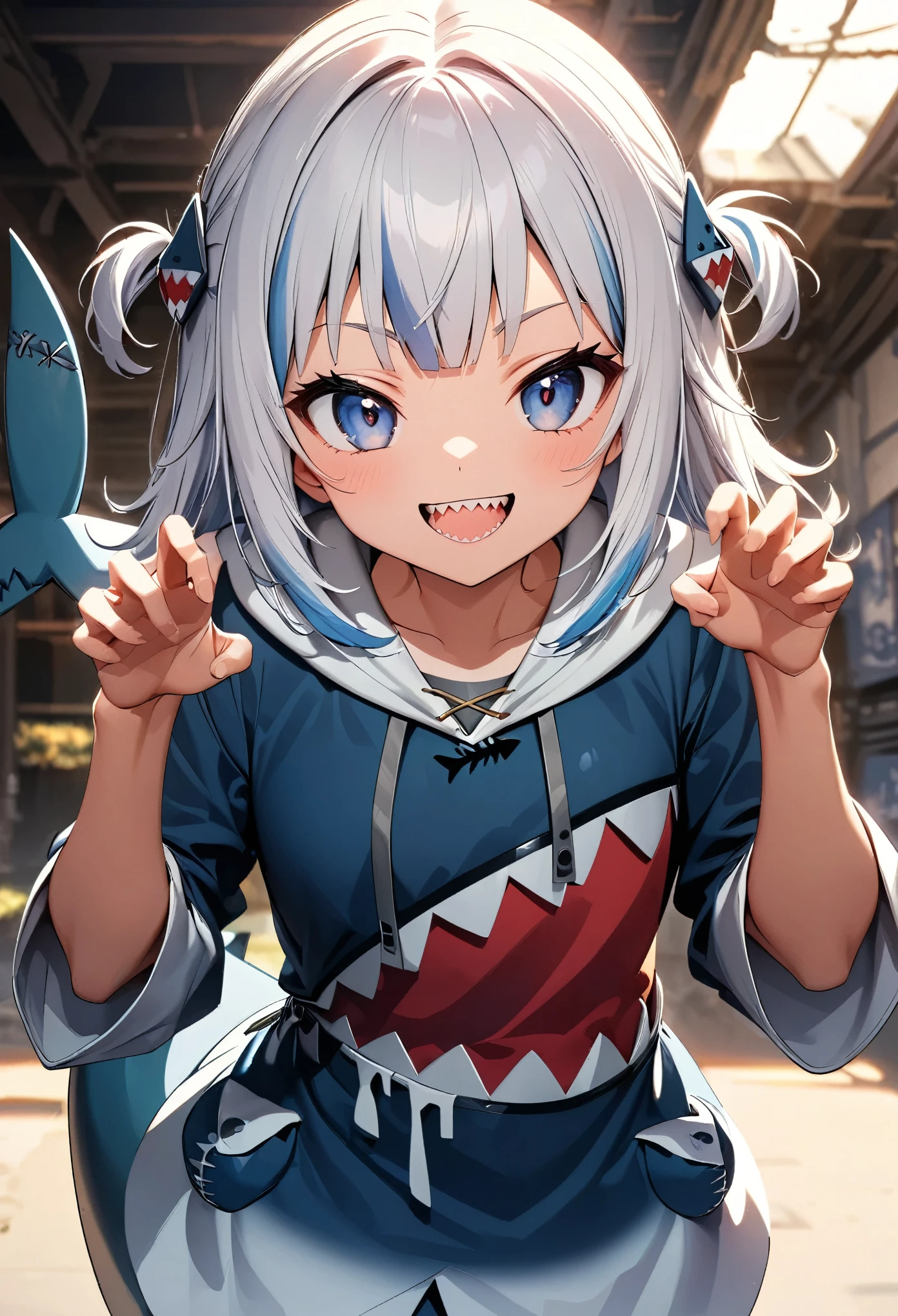 (Highest quality:1.24, Very detailed, Delicate and beautiful CG art, Detailed illustrations, High detail, masterpiece:1.2, Highest quality, Best aesthetics), (Anime Style:1.4), ((One girl, gawrgura)), Virtual YouTuber, HololiveEN, ((Shark headgear, Shark costume:1.4)), Shark Girl, Friendly atmosphere, Shiny Hair, Beautiful Skin, Detailed face and eyes, Glossy Lips, ((Mischievous Smile, Jagged teeth, Open your mouth)), Pounce Pose, Exquisitely crafted, 8K, Very detailedな, Perfect lighting, Spectacular Background