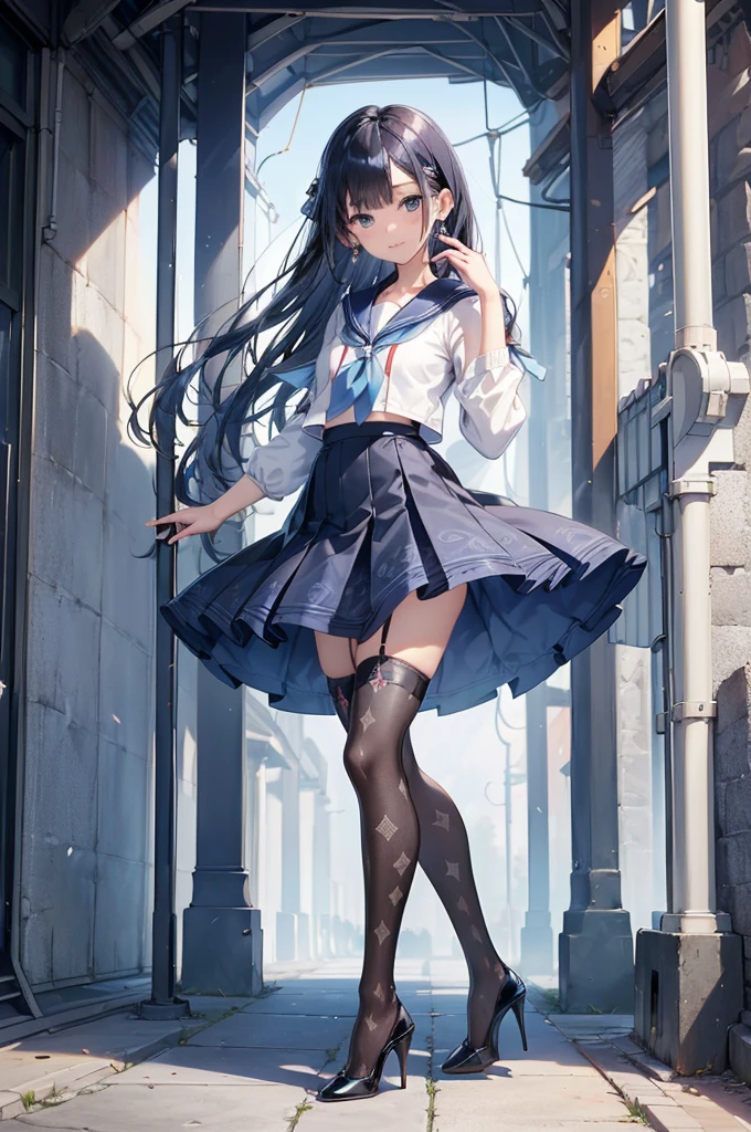 ((Biologically correct limb count)),(( From head to toe,Full-body photo including face)),4K,((Standing position)),masterpiece,((Focus on the face)),((Symmetrical facial features)),Eyes with detailed description,Beautiful woman,Great style,Beautiful arms,Beautiful legs,Beautiful Hands,(Small Ass,Thin thighs),Facial detailing,Small earrings,necklace,(Sailor suit,mini skirt((High heels,Patterned stockings))),((Meeting at the school gate)),Silk gloves,(((Blue black hair))),Realistic photo