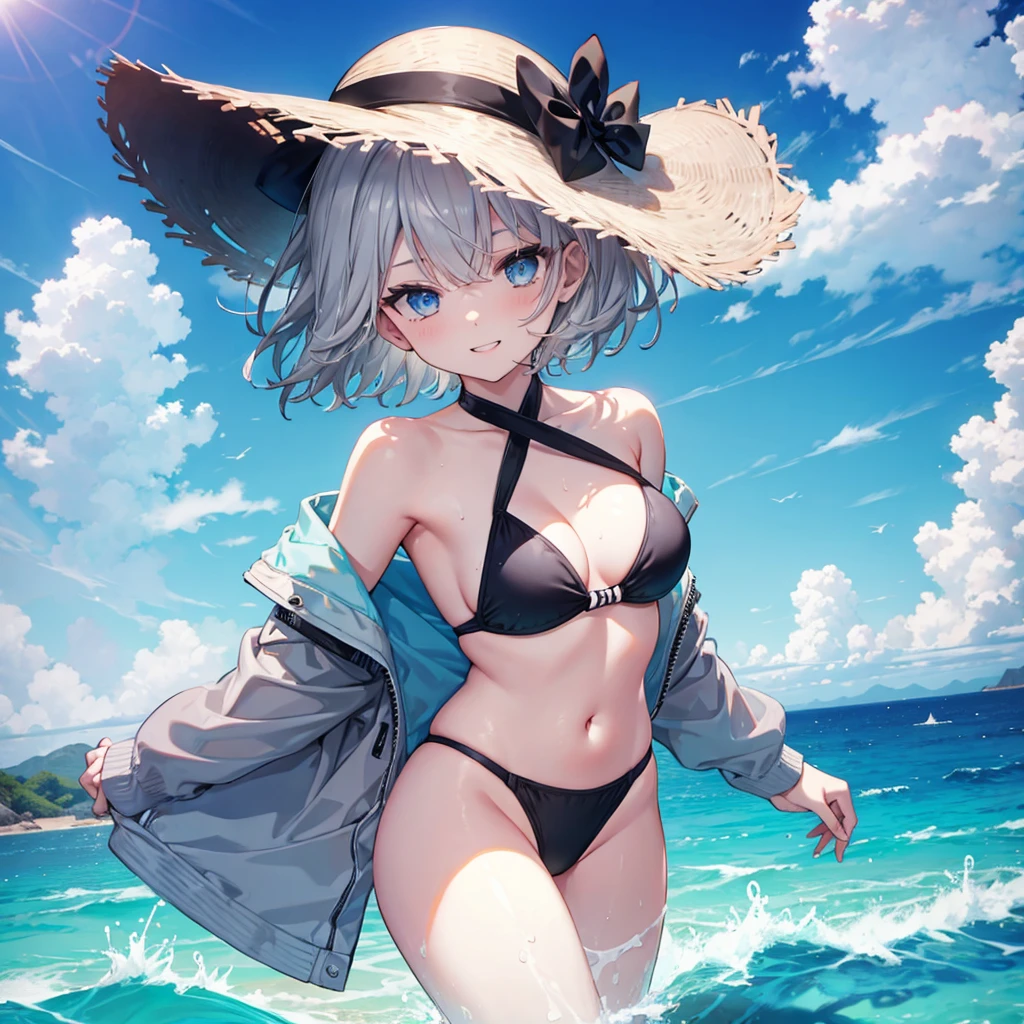 ((((Fluttering swimsuit　Ocean))))　(((Gray Hair　short hair　blue eyes　woman)))，((Splash　sun　cloud))，(Wearing a hat　black　smile)，　Showing teeth　Shining Background　Shining Edges
