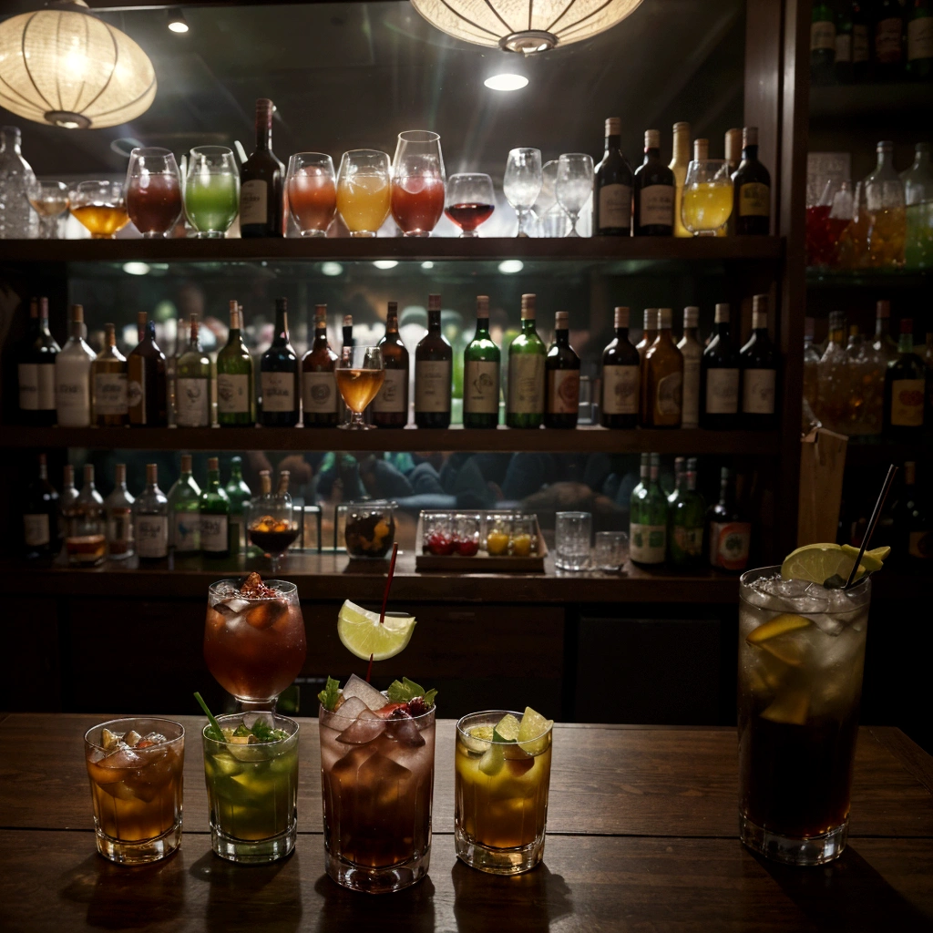 (high quality:1.2),(Blur the background:0.9),Vibrant colors,Realistic lighting,Realistic,bar scene,Out of focus background,Detailed Texture,Dynamic configuration,Bokeh effect,Vibrant atmosphere,Bottles on the shelves,Glass on the counter,Colorful cocktails,Glasses reflection,,Clinking glasses,Lounge Music,Fancy costumes,shadows and highlights,Dramatic lighting,Dim disc,Blurred edges of objects,Crowded Spaces,A faint smoky atmosphere,Moody atmosphere
