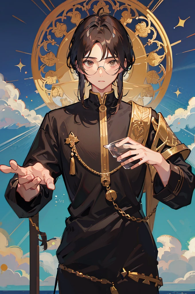 1 MALE, PERFECTLY ROUND GLASSES, LIGHT BROWN SKIN TONE, SKINNY BODY, SOUTH ASIAN, BLACK HAIR, WOLFCUT HAIR, BANGS, HAIR DOWN, HAIR COVERING FOREHEAD, BLACK SHIRT, GAMER, LONG SLEEVE