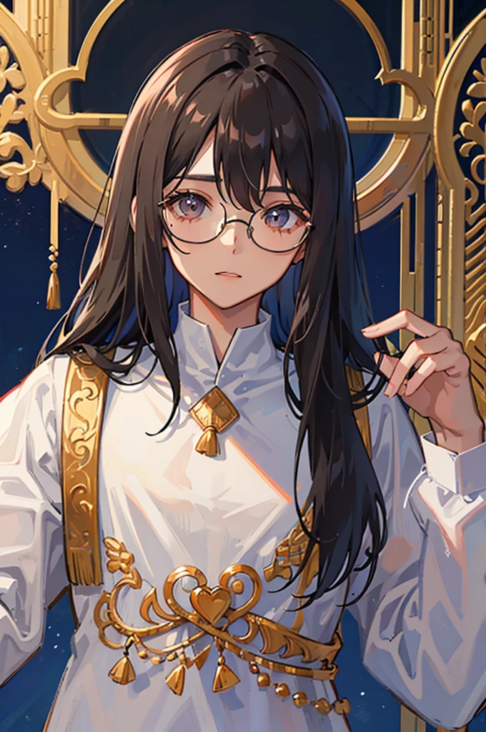 1 MALE, PERFECTLY ROUND GLASSES, LIGHT BROWN SKIN TONE, SKINNY BODY, SOUTH ASIAN, BLACK HAIR, WOLFCUT HAIR, BANGS, HAIR DOWN, HAIR COVERING FOREHEAD, BLACK SHIRT, GAMER, LONG SLEEVE