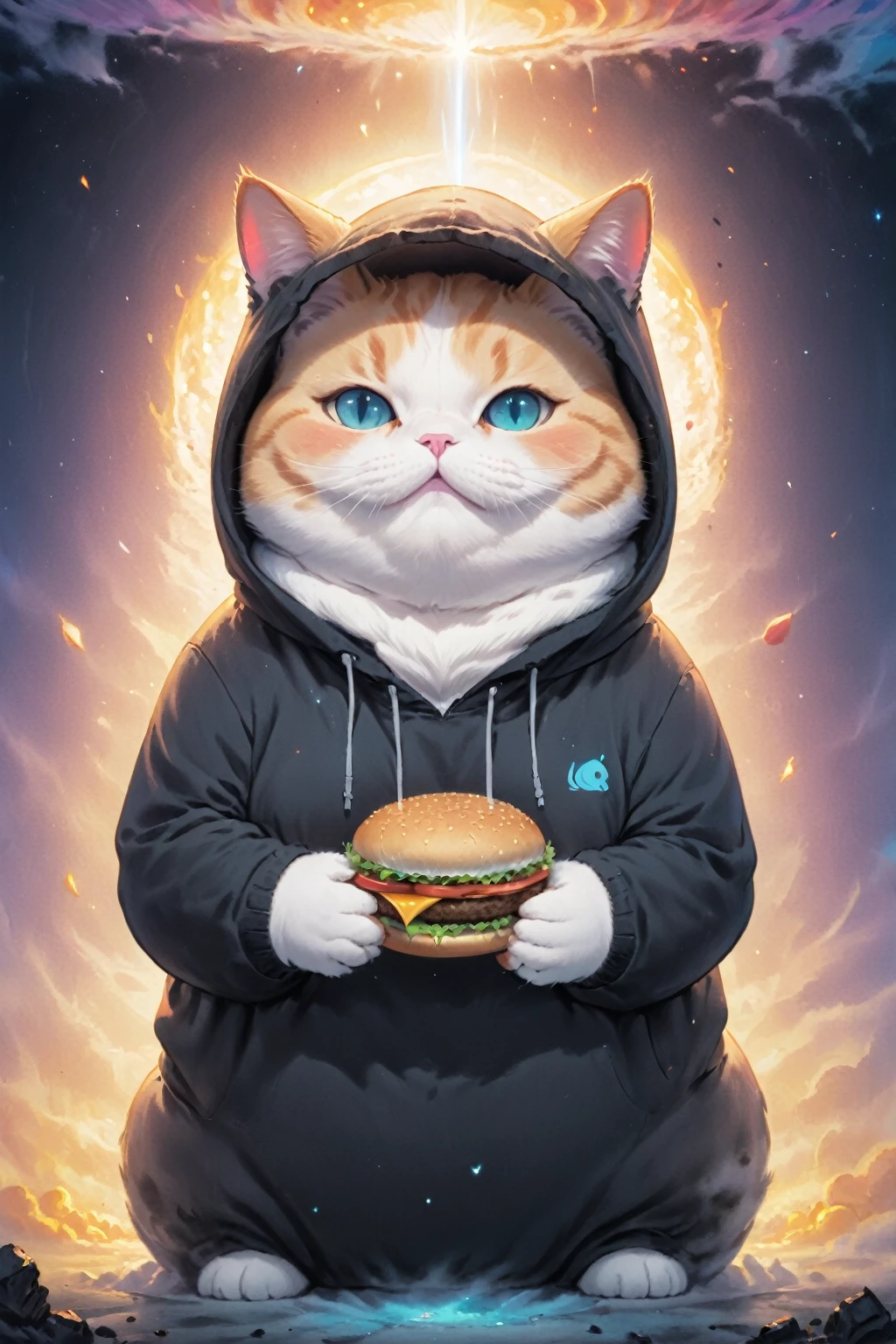 Cosmic Canvas,(dystopian background:1.3), Flawless, Clean, masterpiece, Draw a chubby cat, Wearing a hoodie, Take the burger, Light mist,