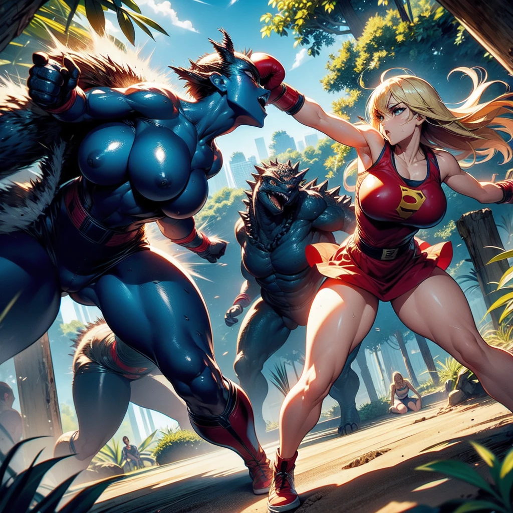 NSFW , In the Jungle , Jungle defense fight , Godzilla and supergirl , Fullbody shot , Female boxing Face to face, So huge breasts.