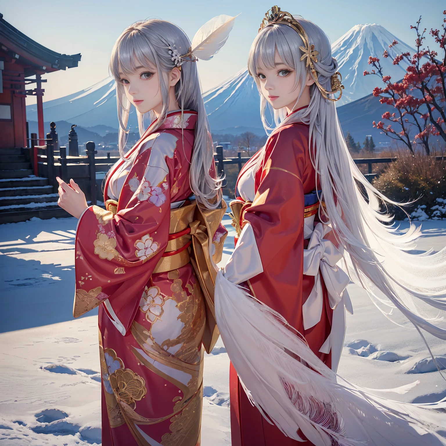 ((8K, RAW Photos, Highest quality, masterpiece)),((Showing the kimono from the obi up：1.5)), High-resolution RAW color photos、

Professional close-up photography, (Realistic, フォトrealism: 1.37), 

(Highest quality), (Best Shadow), (Best illustrations),

High-quality images、Skin Radiance、Texture of skin and clothing、

Expression of fine eyes、Shiny Hair,Long Hair Girl, Manga inspired by Lee Jong-suk, 

Trending on deviantart, realism, detailed manga style, Manga art style,

Perfect Line Drawing, Beautiful line art, digital manga art girl, K-POPアイドル,

 Beautiful brown eyes, Fuller lips, Gorgeous face with attention to detail, 

(Cute Smile), attractive, Innocent, (Perfectly detailed face), 

(Detailed and carefully drawn hand) Photorealistic images, Written boundary depth, 

(Japanese style princess cut hairstyle:1.5), 

best quality, masterpiece, New Year, 

((Kimono with strikingly beautiful colorful colors, red, Silver, gold:1.7)), 

Three Japanese high-school cute girls, ((looking straight:1.5)), 

gently smiling, 

((upper arms hidden by clothes and hair:1.5)),

(innocent and pure high-school-girls:1.7)

((white short scarf:1.2)), ((white feather shawl:1.2)), 

(separately side by side:1.5), 

shrine background, (mount Fuji:1.3), ((snow))

winter(season), (outdoors:1.5)
