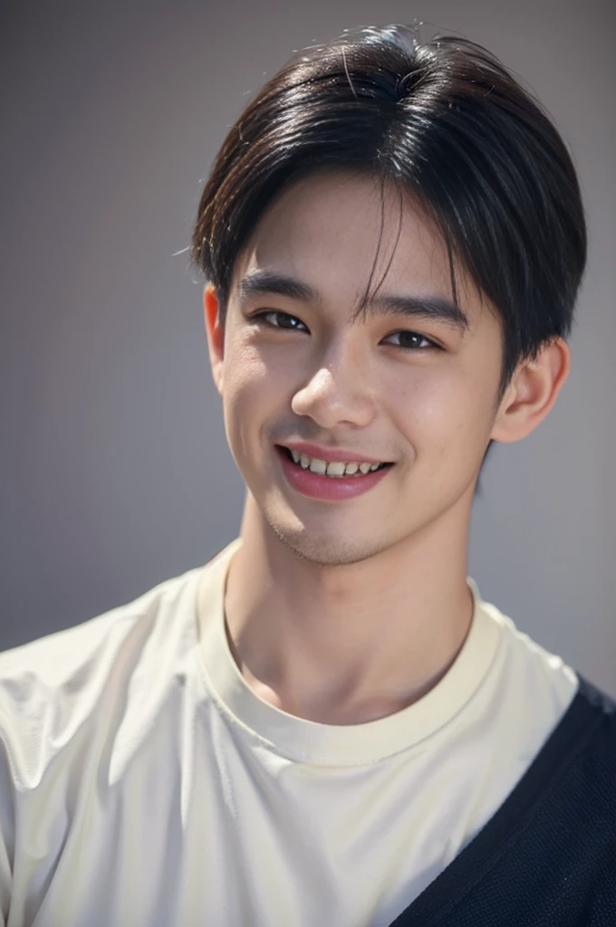 ((Highest quality, 8K, Masterpiece: 1.3))、Thailand Laos Burma Asia, Thai man, A handsome Asian rugby player with short hair, a muscular beard, and big muscles., １A man who has、 yo、Good appearance、Beautiful nose、smile、 Detailed eyes and face、beautiful light、(studio)、high resolution、（Look at the viewer.）、Fine mouth、smile、whole body: 1.5, perfect shape: 1.3, Picture of both shoulders:1.3, Navy blue round neck t-shirt:1.5