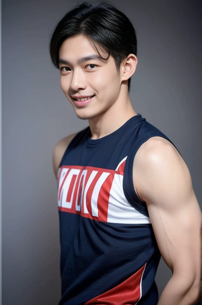 ((Highest quality, 8K, Masterpiece: 1.3))、Thailand Laos Burma Asia, Thai man, A handsome Asian rugby player with short hair, a muscular beard, and big muscles., １A man who has、 yo、Good appearance、Beautiful nose、smile、 Detailed eyes and face、beautiful light、(studio)、high resolution、（Look at the viewer.）、Fine mouth、smile、whole body: 1.5, perfect shape: 1.3, Picture of both shoulders:1.3, Navy blue round neck t-shirt:1.5