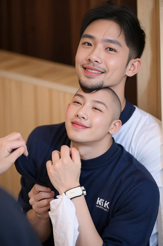 ((Highest quality, 8K, Masterpiece: 1.3))、Thailand Laos Burma Asia, Thai man, A handsome Asian rugby player with short hair, a muscular beard, and big muscles., 1A man who has、 yo、Good appearance、Beautiful nose、smile、 Detailed eyes and face、beautiful light、(studio)、high resolution、(Look at the viewer.)、Fine mouth、smile、whole body: 1.5, perfect shape: 1.3, Picture of both shoulders:1.3, Navy blue round neck t-shirt:1.5