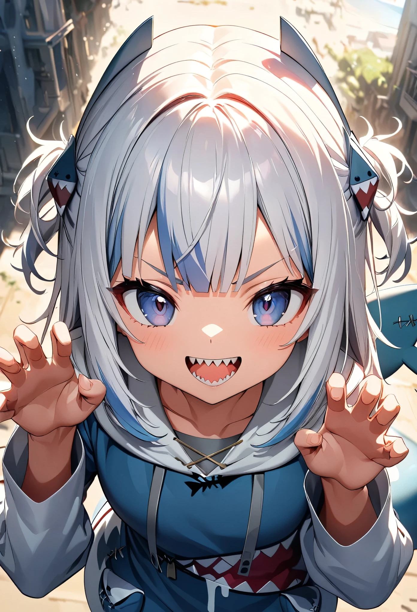 (Highest quality:1.24, Very detailed, Delicate and beautiful CG art, Detailed illustrations, High detail, masterpiece:1.2, Highest quality, Best aesthetics), (Anime Style:1.4), ((One girl, gawrgura)), Virtual YouTuber, HololiveEN, ((Shark headgear, Shark costume:1.4)), Shark Girl, Friendly atmosphere, Shiny Hair, Beautiful Skin, Detailed face and eyes, Glossy Lips, ((Mischievous Smile, Jagged teeth, Open your mouth)), Pounce Pose, Exquisitely crafted, 8K, Very detailedな, Perfect lighting, Spectacular Background