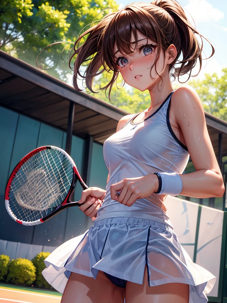 Highest quality,Highest Resolution,Beautiful girl playing tennis,Brown hair ponytail,sweat profusely,Crying face,Tennis court,sunny,See-through underwear,Very beautiful eyes,サーブを打つ,サンバイザー,