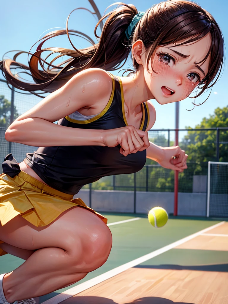 Highest quality,Highest Resolution,Beautiful girl playing tennis,Brown hair ponytail,sweat profusely,Crying face,Tennis court,sunny,See-through underwear,Very beautiful eyes,サーブを打つ,サンバイザー,