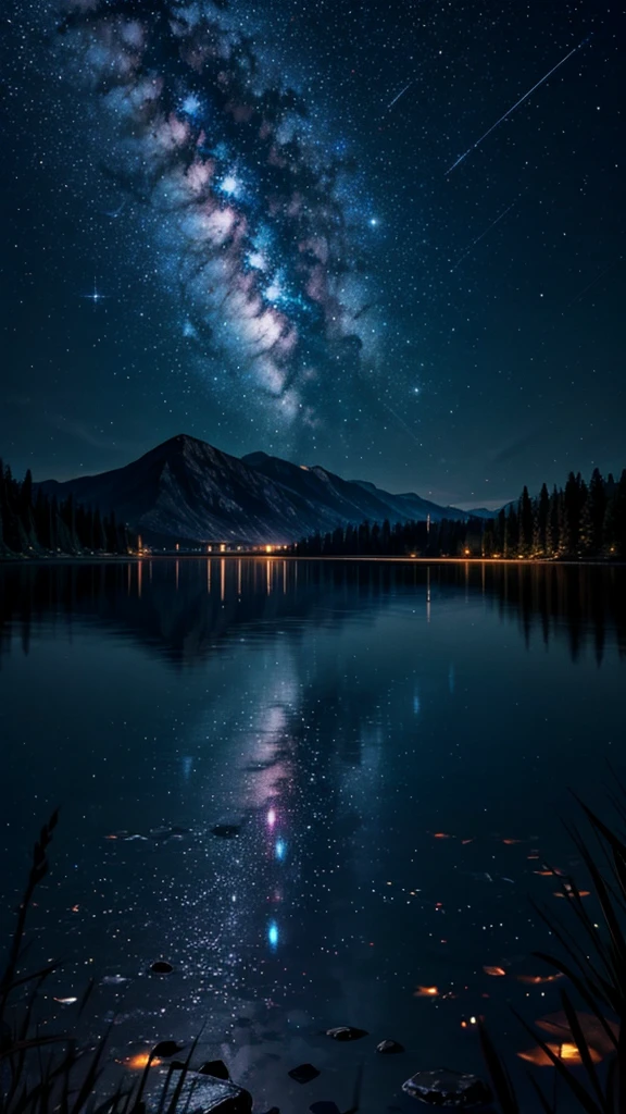 night,Lake,firefly,silence,best quality,8K,Shock,Meteor Showers。