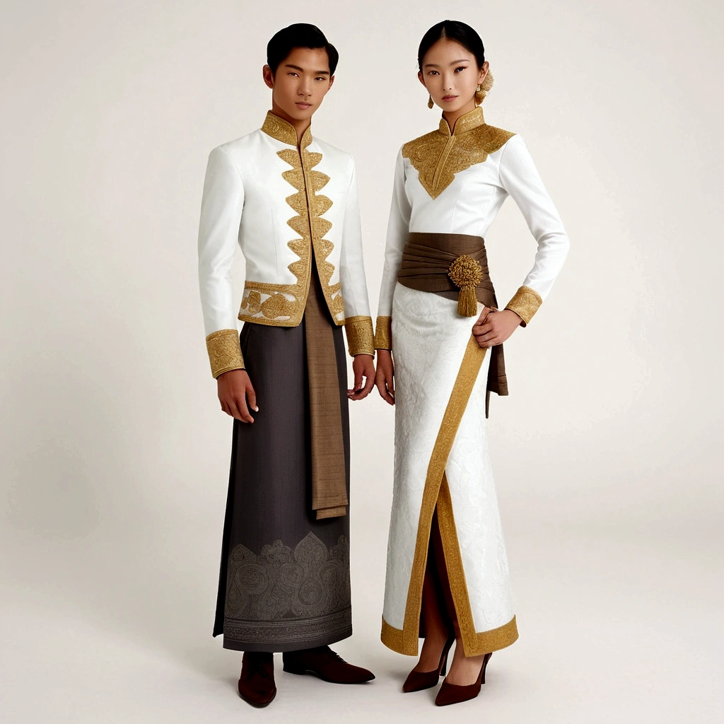 candid fashion illustration of young man and woman, both aged 20 year old, ((showcase fashion in a White Northern Thai Lanna costume outfits)), in elegant luxury style, The man wears a simple long-sleeved white shirt with Lanna details, paired with pants. The woman complements him with white A tubular skirt that is handwoven and often features intricate patterns. It is usually worn ankle-length and is wrapped around the waist, A fitted, often intricately decorated blouse that complements the skirt. Captured in a low angle, ((full-body image)), (full-body pose)), ((white studio background)), realistic color pencil lines, perfect drawing, charcoal lines, fading sketch, quick Sketch, soft light, 
