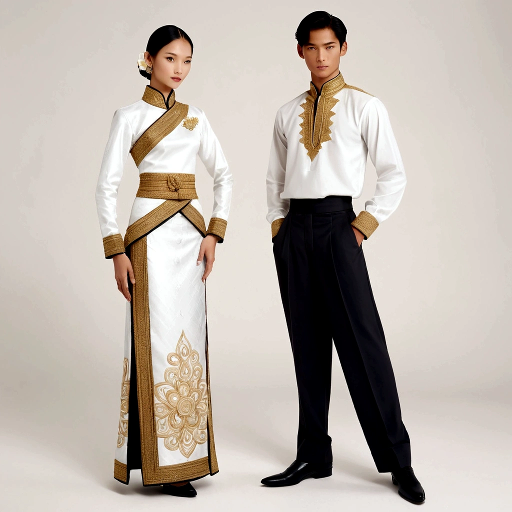 candid fashion illustration of young man and woman, both aged 20 year old, ((showcase fashion in a White Northern Thai Lanna costume outfits)), in elegant luxury style, The man wears a simple long-sleeved white shirt with Lanna details, paired with pants. The woman complements him with white A tubular skirt that is handwoven and often features intricate patterns. It is usually worn ankle-length and is wrapped around the waist, A fitted, often intricately decorated blouse that complements the skirt. Captured in a low angle, ((full-body image)), (full-body pose)), ((white studio background)), realistic color pencil lines, perfect drawing, charcoal lines, fading sketch, quick Sketch, soft light, 